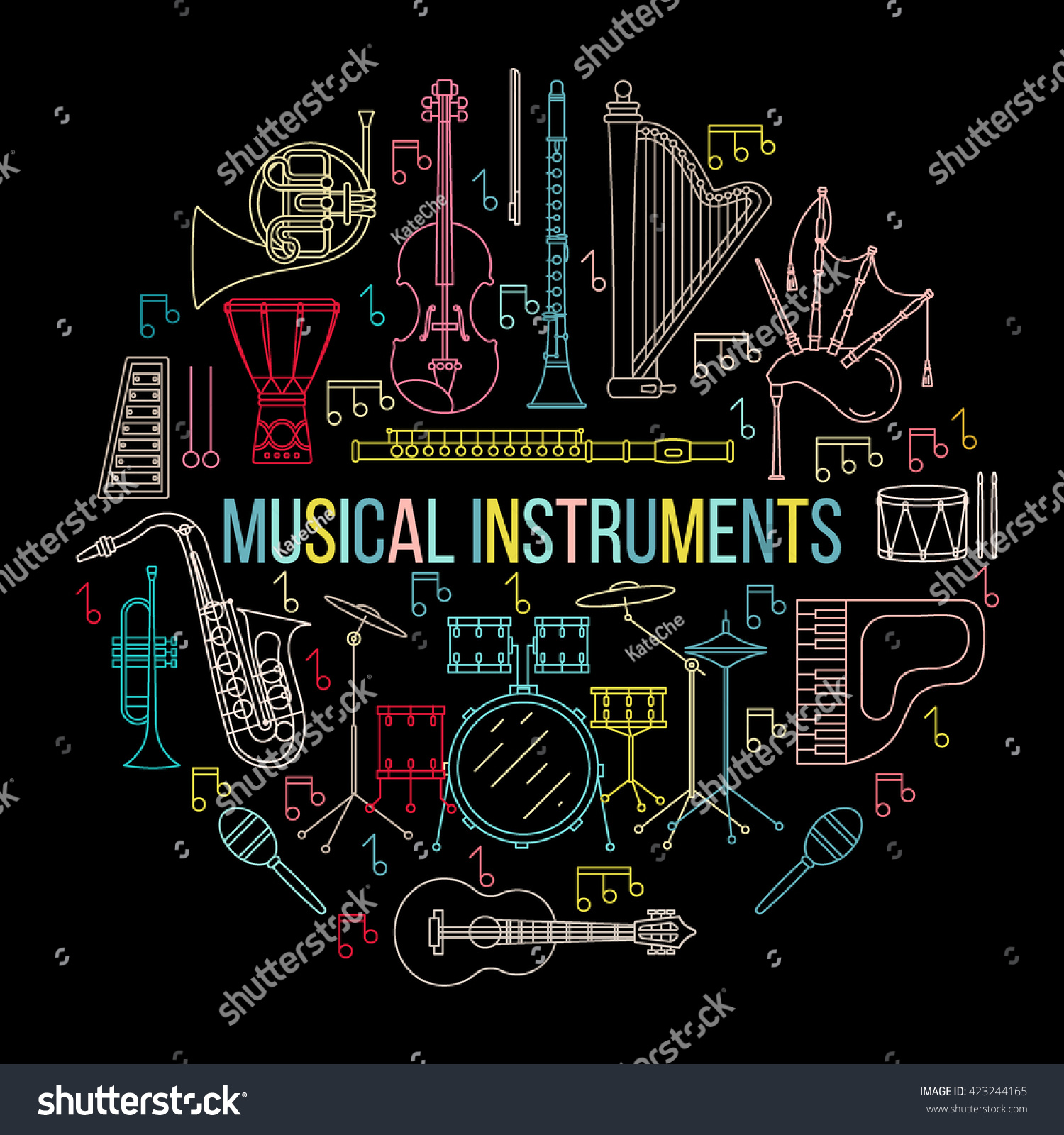 Musical instruments isolated on black background. Vector illustration. Saxophone  cello  french horn  guitar  piano  bagpipes and others. Design concept for poster  banner  emblem. Modern line style. 