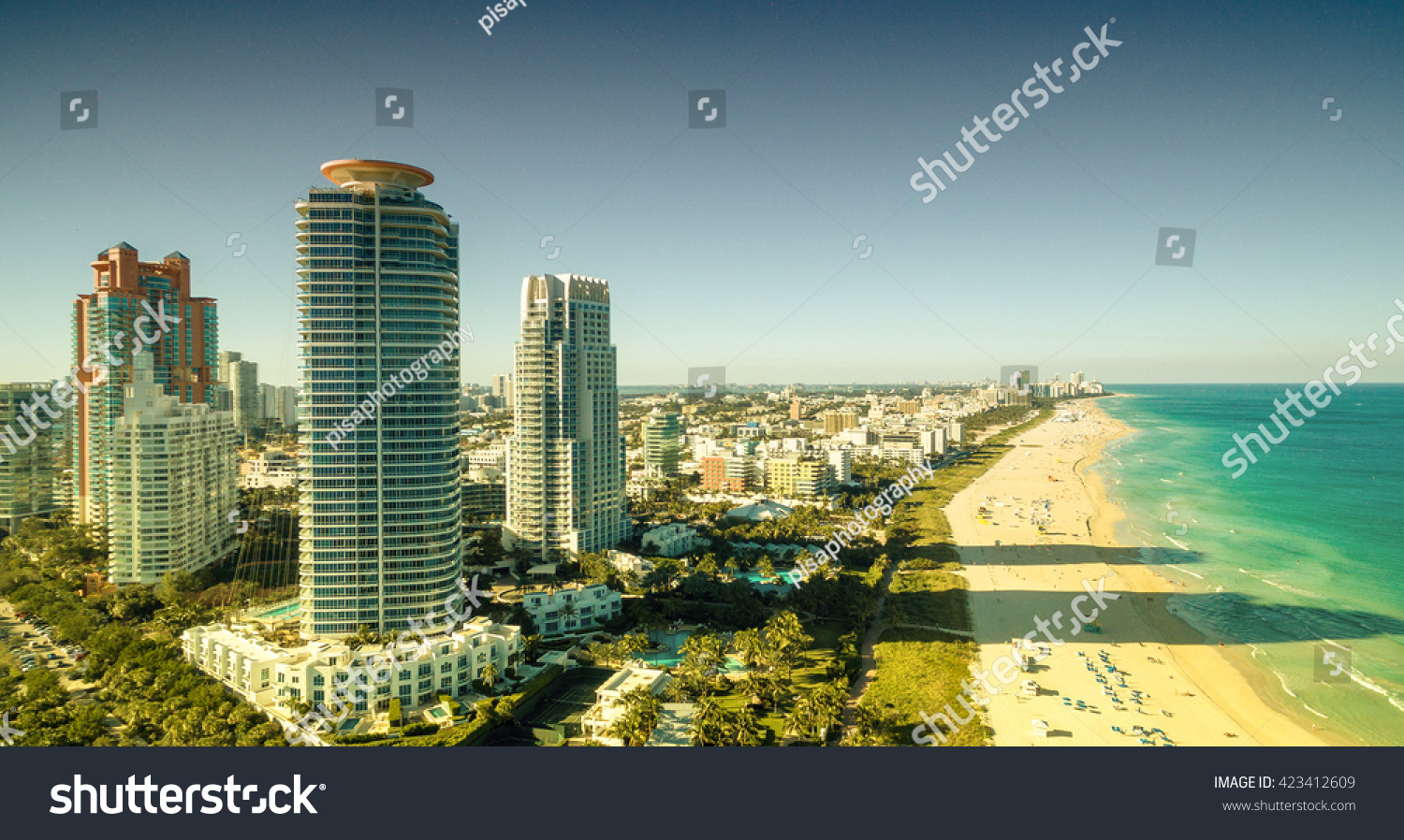 Awesome aerial view of Miami skyline from helicopter.