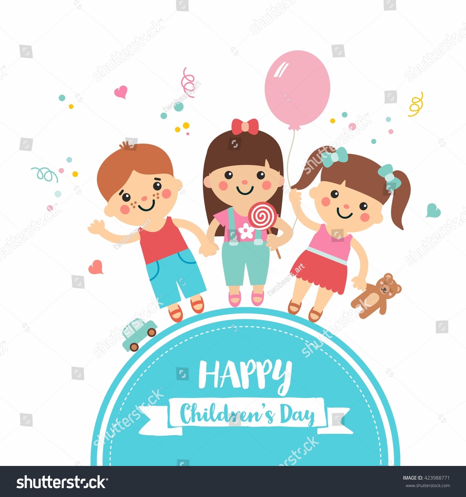 儿童节快乐。卡通收藏在蓝色框架上有甜蜜的孩子。男孩和女孩角色与玩具。泰迪 气球 糖果 汽车。非常适合邀请 横幅和贺卡。