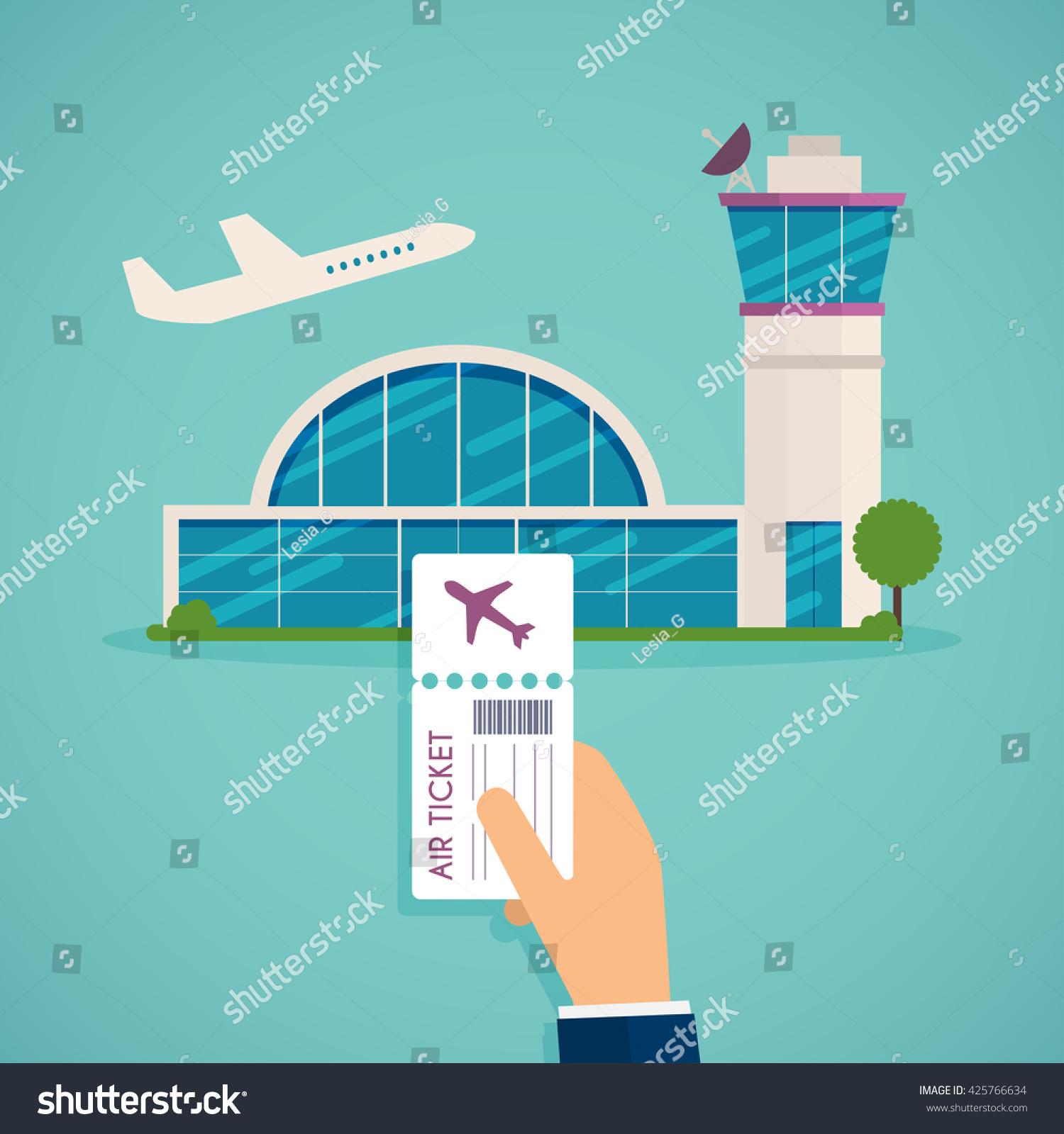 Hand holding boarding pass at airport. Traveling on airplane  planning a summer vacation  tourism and journey objects and passenger luggage. Flat design modern vector illustration concept.