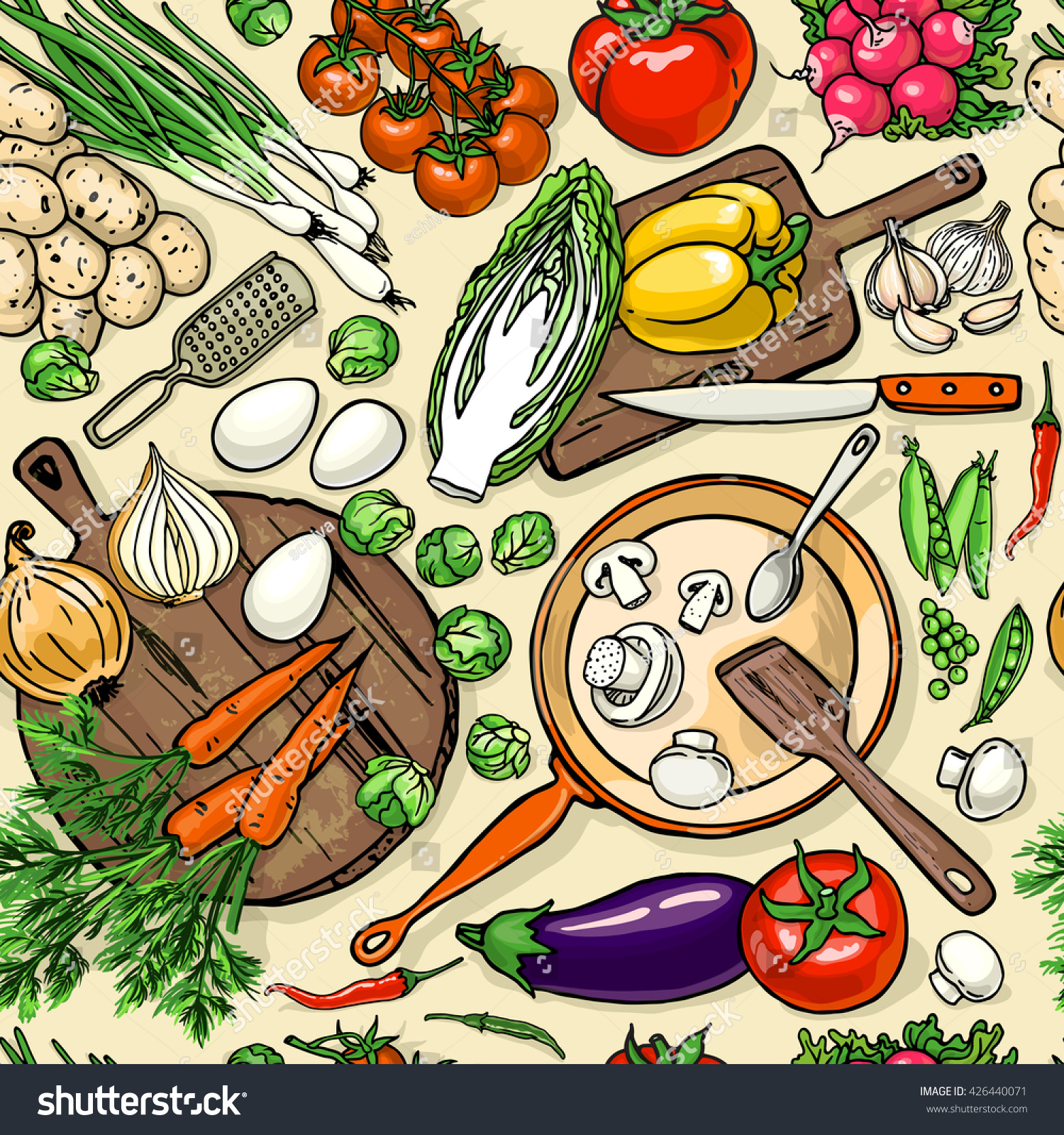 Vegetarian food recipes seamless pattern with vegetables and kitchenware. Colorful top view cooking items background. 