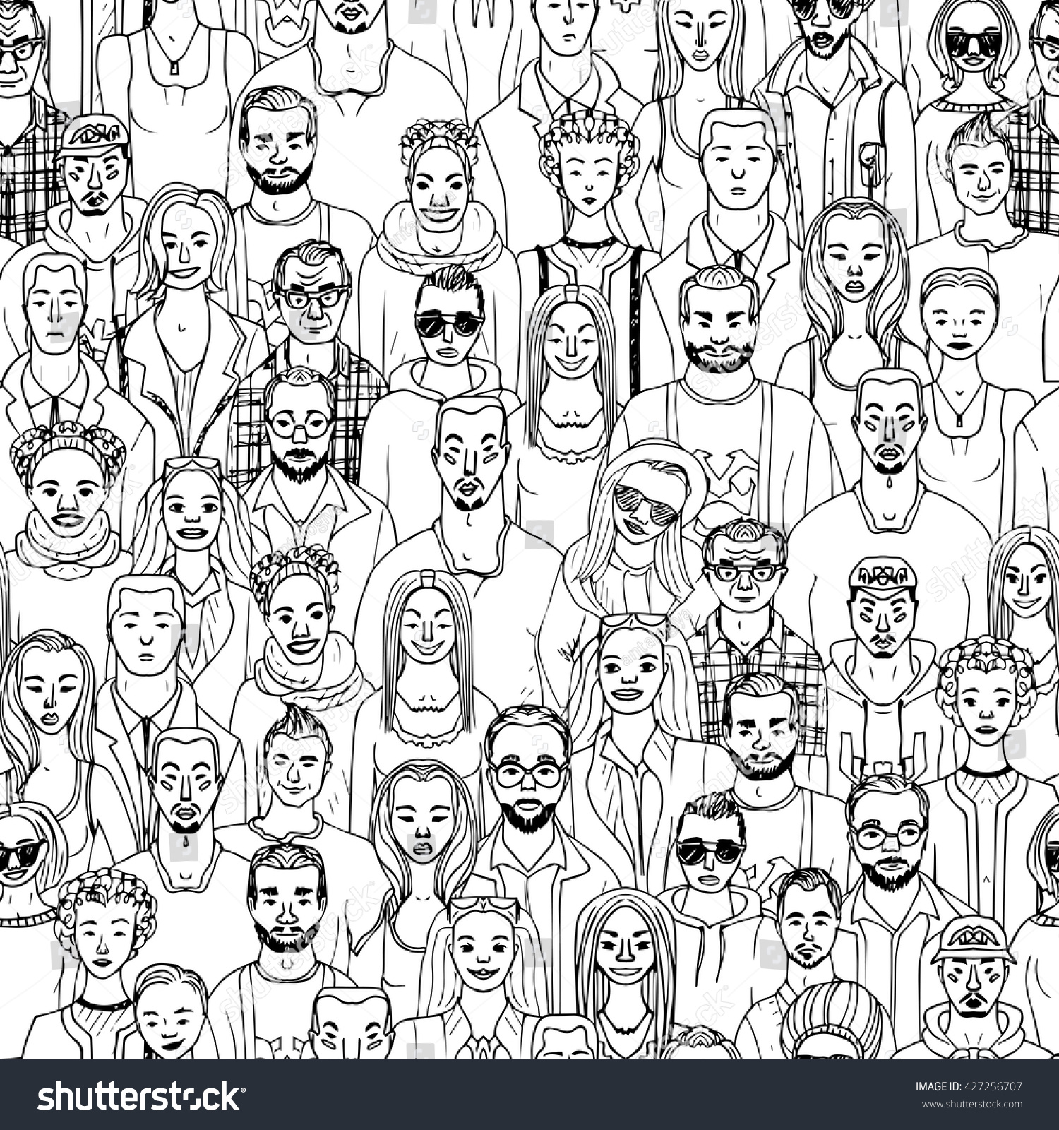 Seamless pattern of hand drawn people faces. Vector illustration of crowd of people