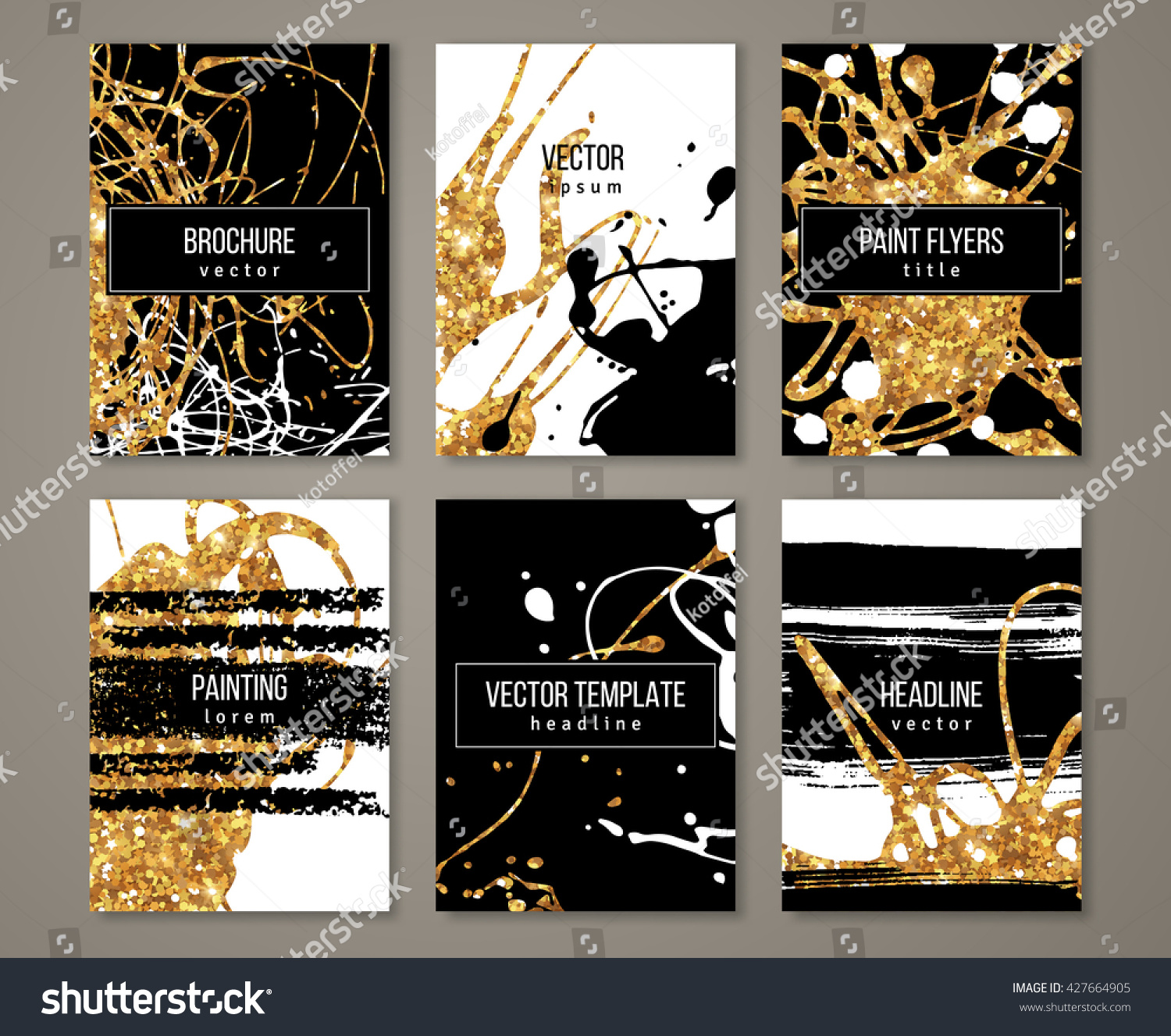 Brochure template design set with pastel strokes and gold acrylic paint drips. Vector illustration. Grunge vintage golden cards  retro style poster or flyer. 