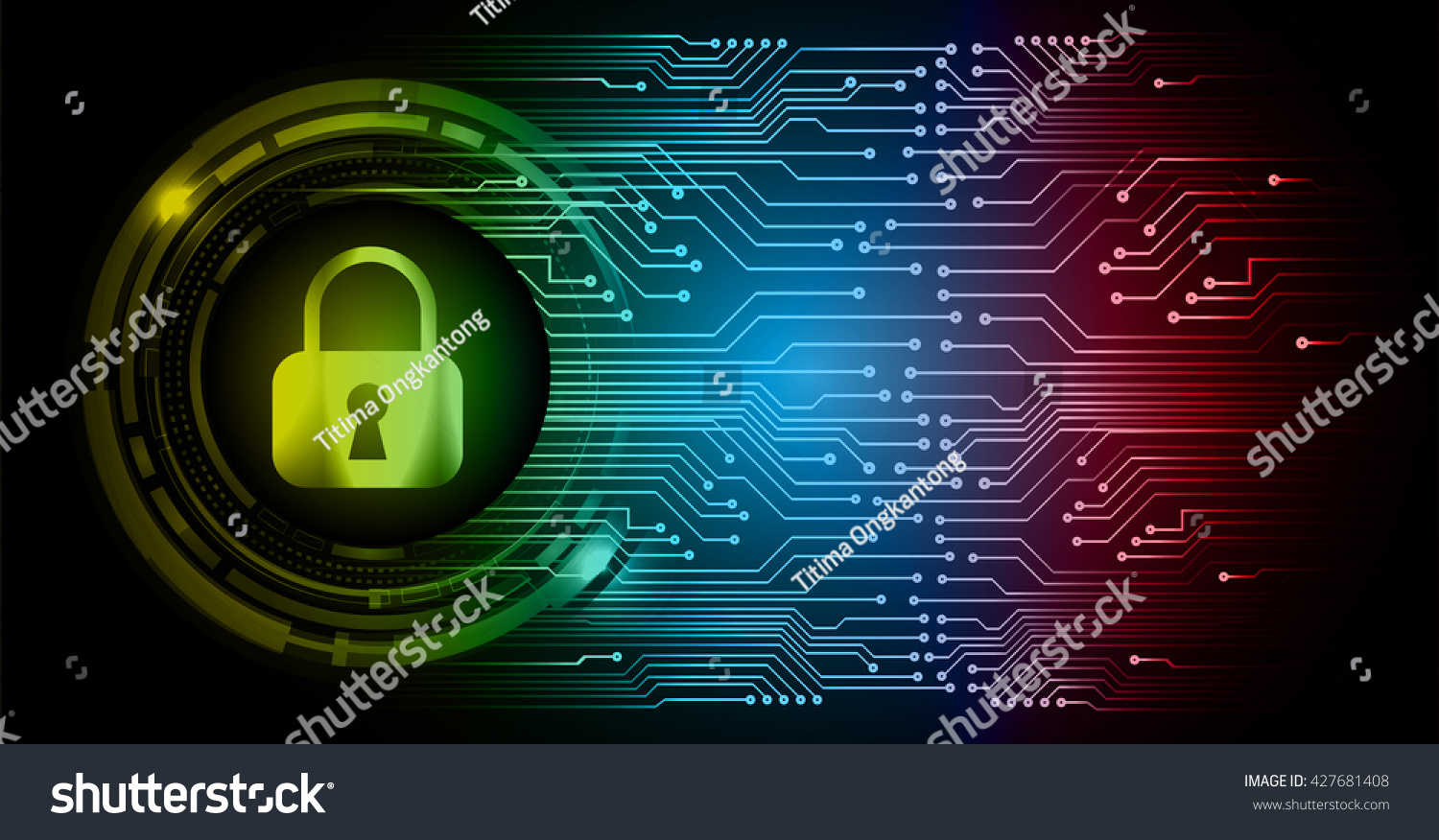 Safety concept: Closed Padlock on digital background  yellow red blue abstract light hi speed internet technology. Cyber security concept. Cyber background. Cyber data digital Technology.