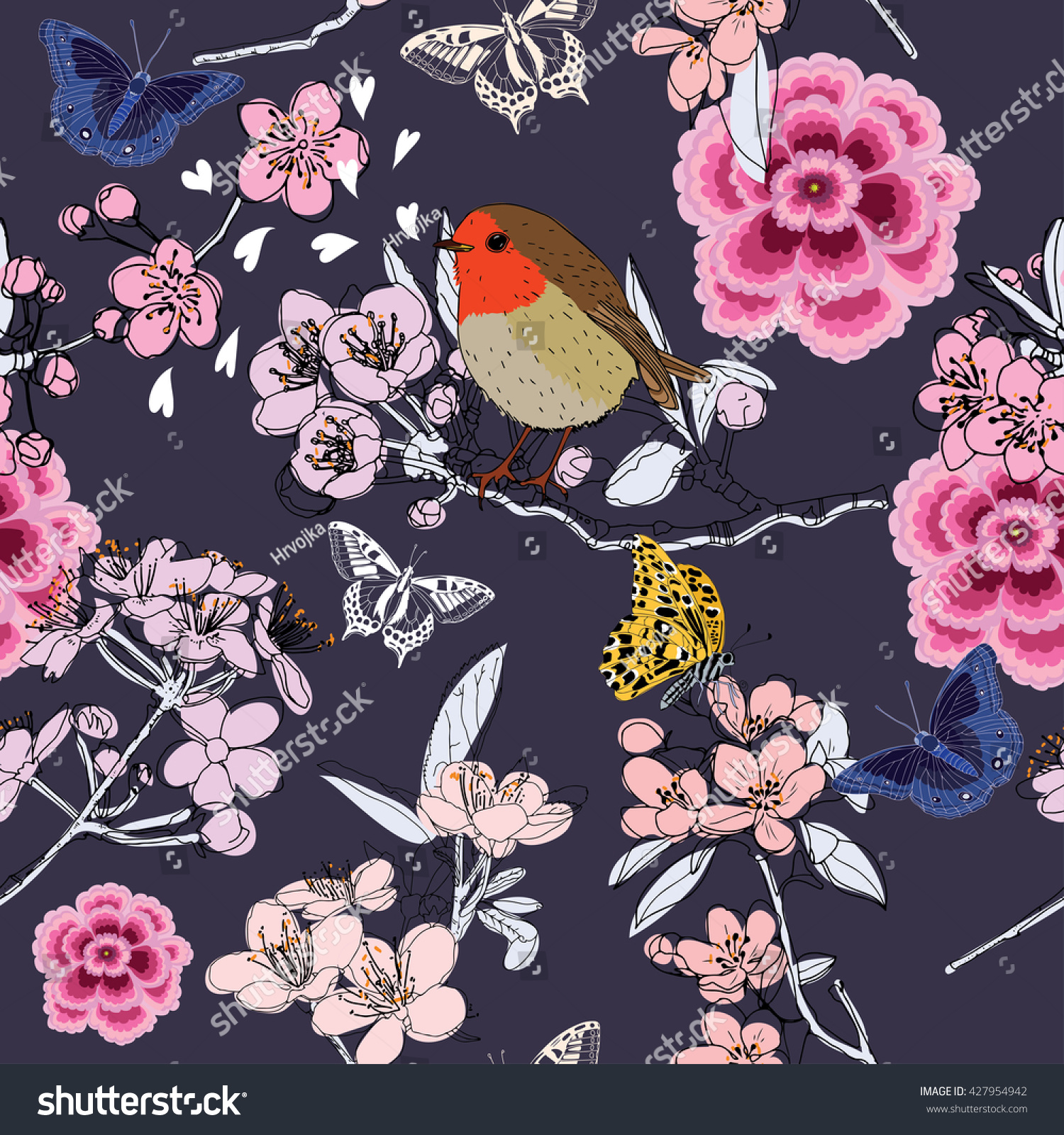Cherry blossom seamless pattern  with butterflies and bird on the blue background