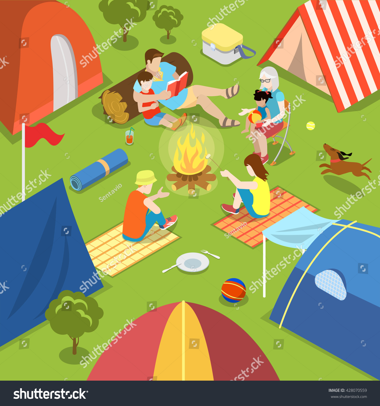 Isometric outdoor camping bonfire picnic family lifestyle time spending concept. Flat 3d isometry parents children tent fire place dog daughter son father mother. Creative people collection.