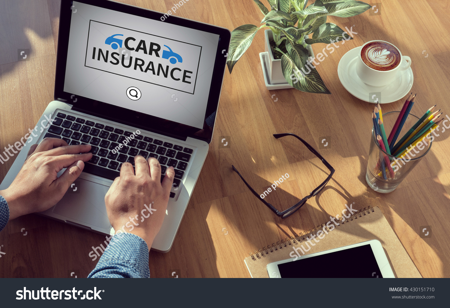 CAR INSURANCE man hand on table Business  coffee  Split tone