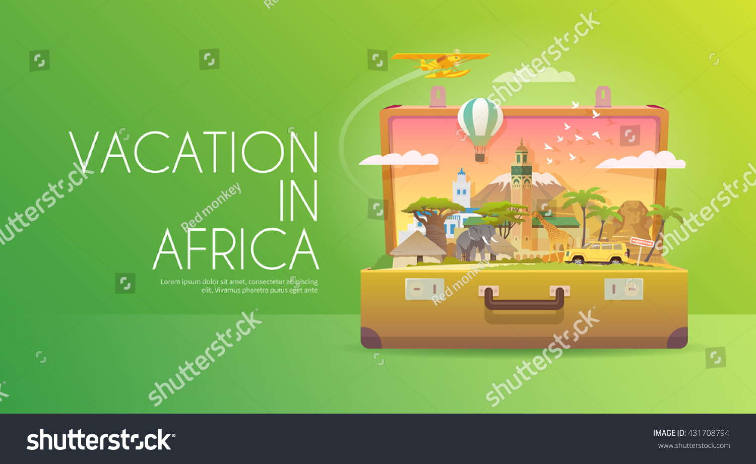 Travel to Africa. Road trip. Tourism. Old suitcase with landmarks. Advertising web banner. Modern flat design.