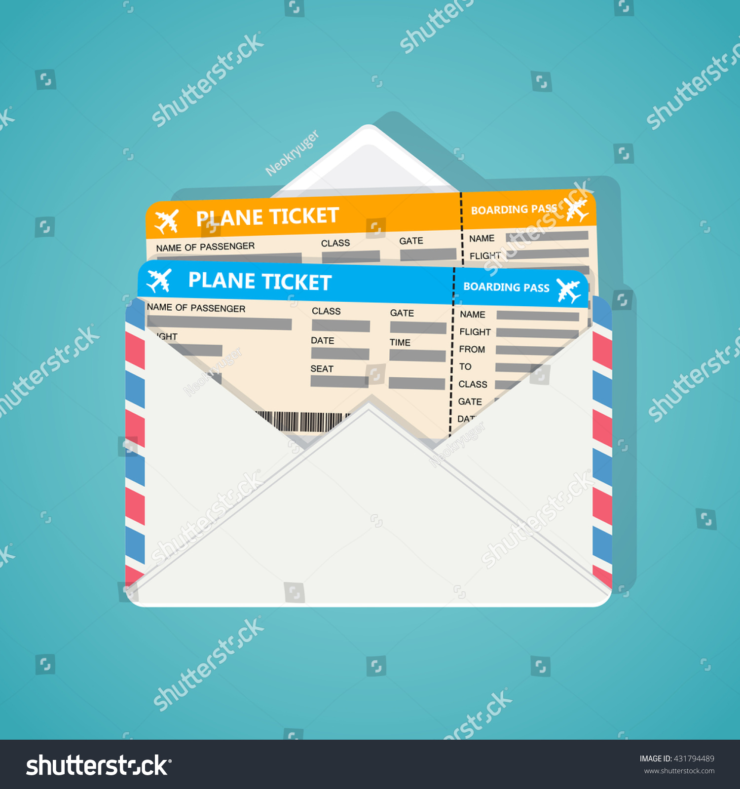 Two plane tickets in corporate envelop on blue background.