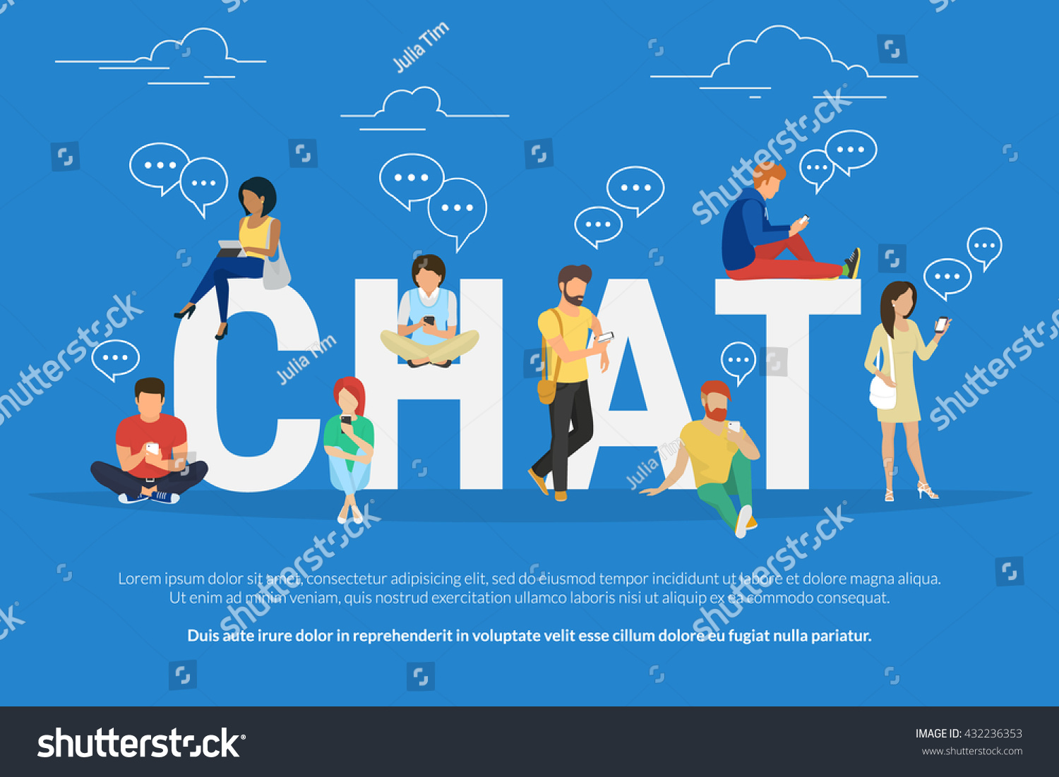 Chat concept illustration of young people using mobile gadgets such as tablet pc and smartphone for texting messages each other via internet. Flat big letters chat and guys and women standing near 