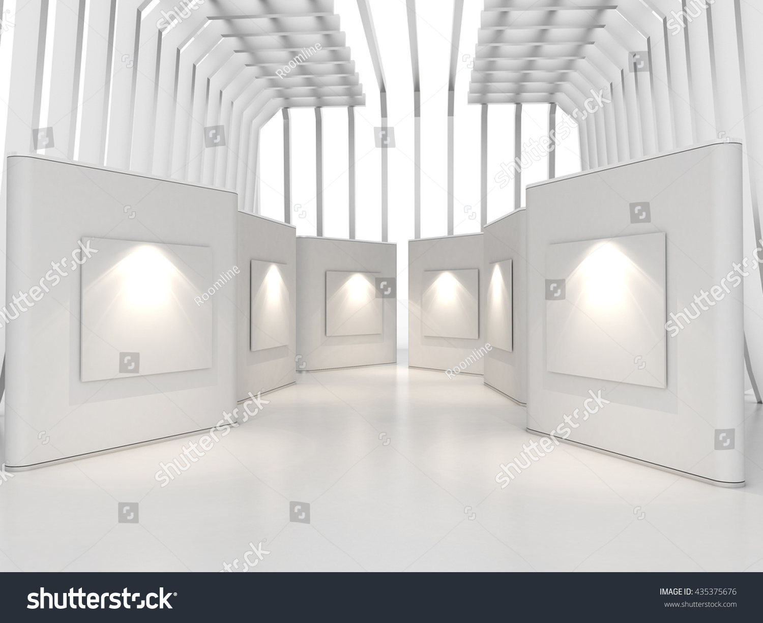 Empty room interior with large white canvas on white wall in the gallery  3D Rendering