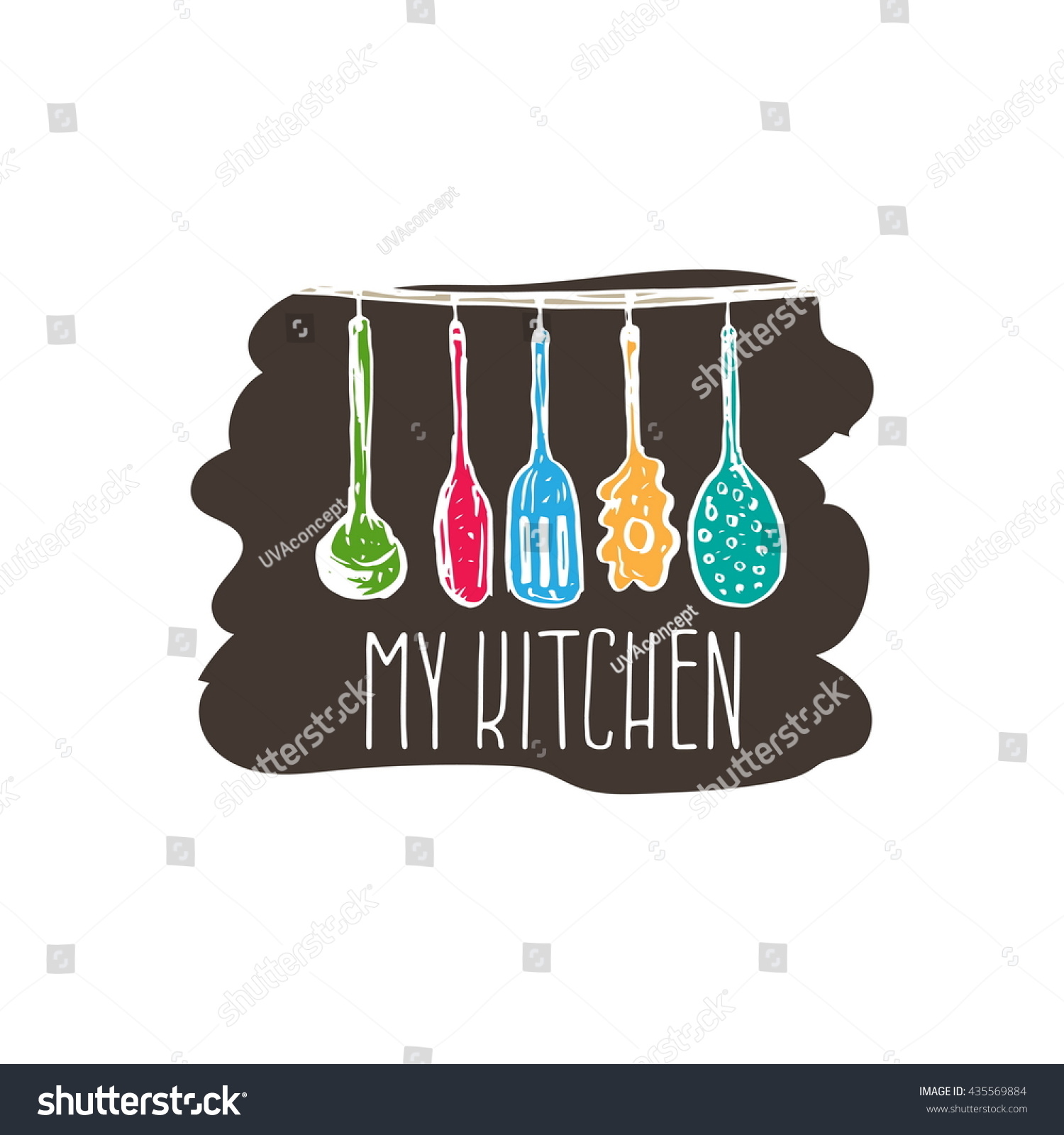 Concept hand drawn logo illustration for themed kitchen with utensils. Vector template
