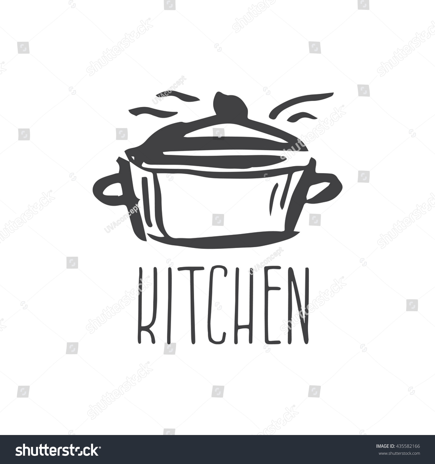 Hand drawn logo with kitchen pan. Vector illustration