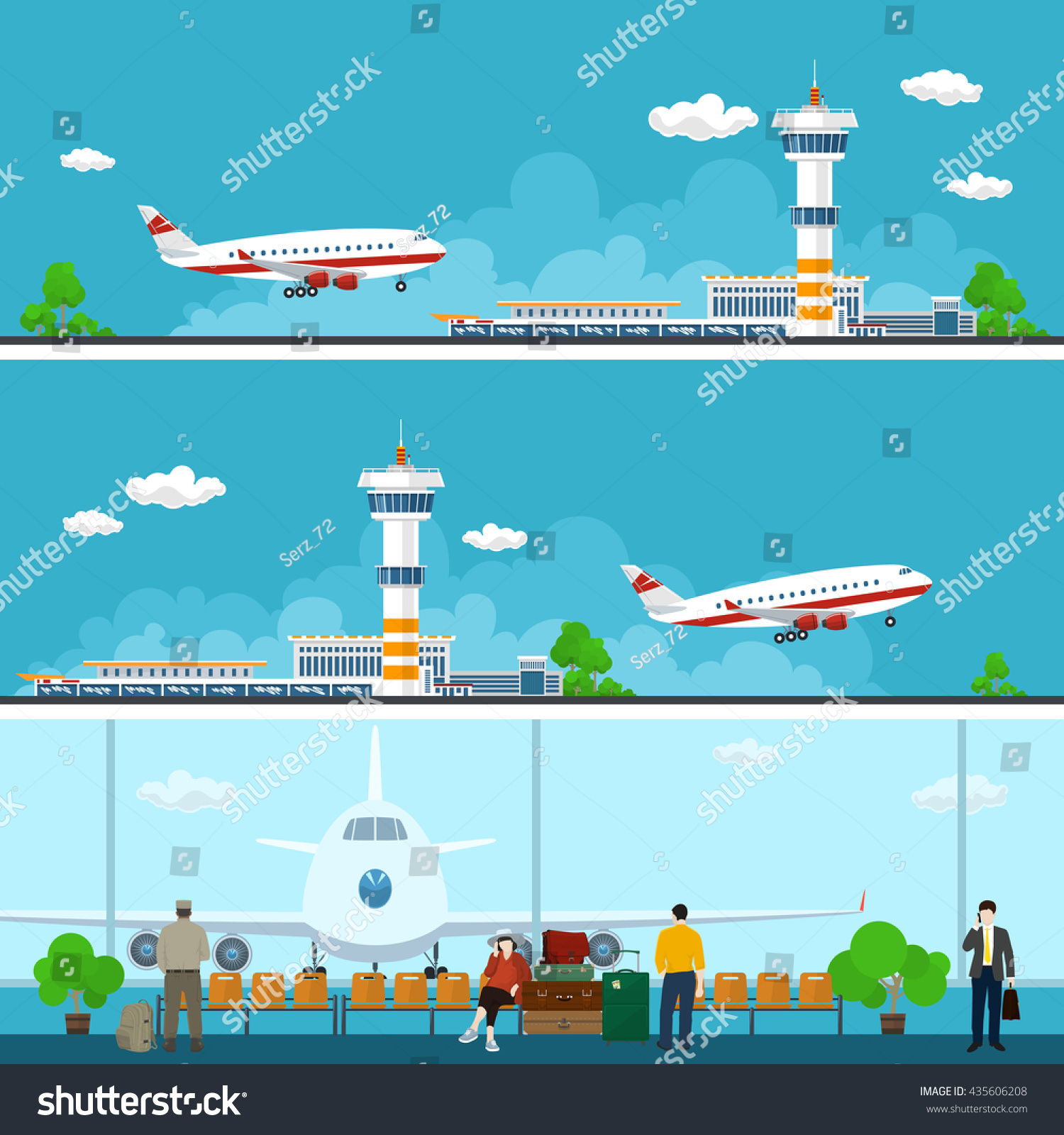 Airport Horizontal Banners  Arrivals at and Departures from Airport  People with Luggage in the Waiting Room  Travel Concept  Flat Design   Vector Illustration