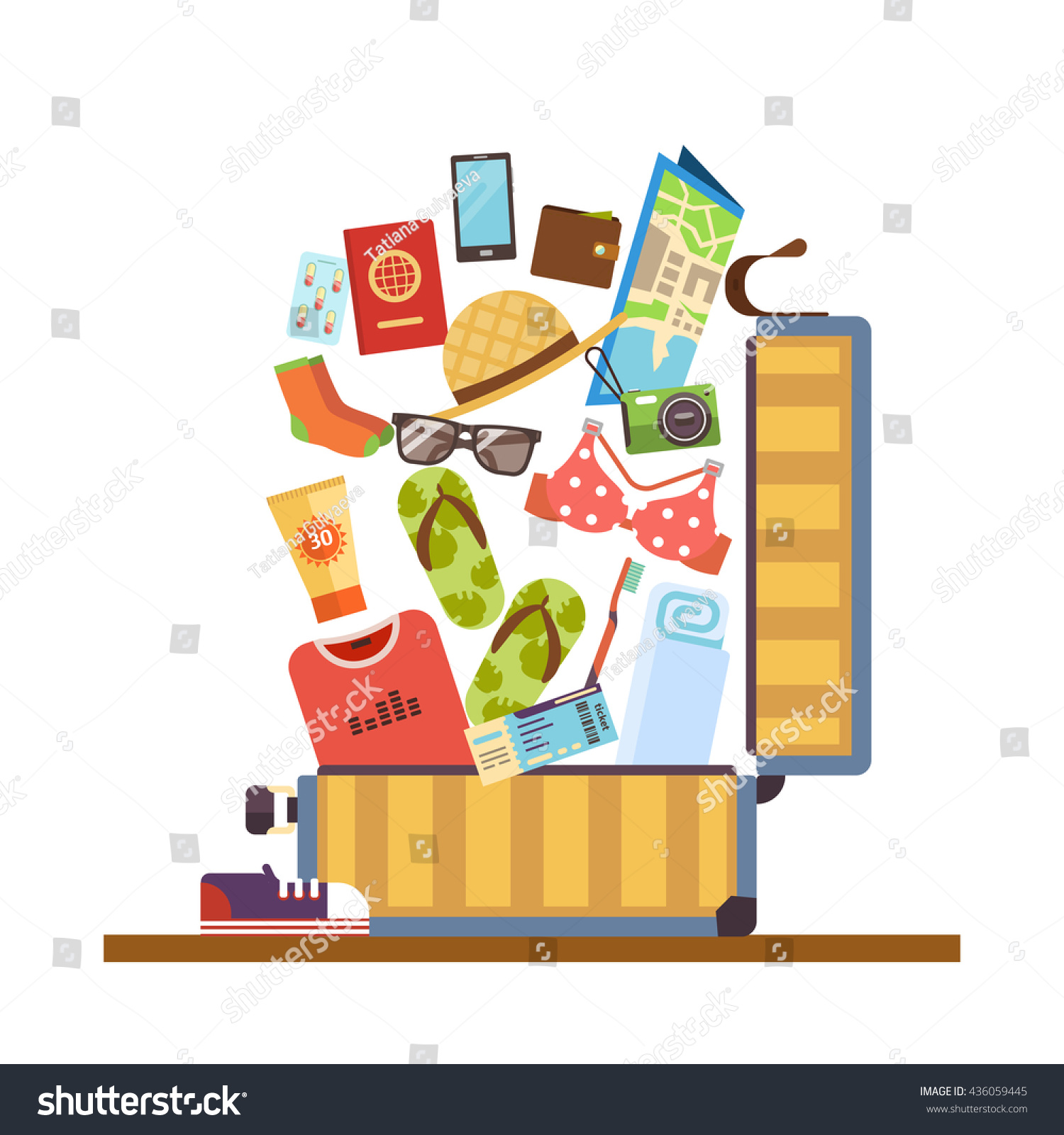 Open suitcase with things for travel or vacation. Charges for the road. Vector flat design illustration