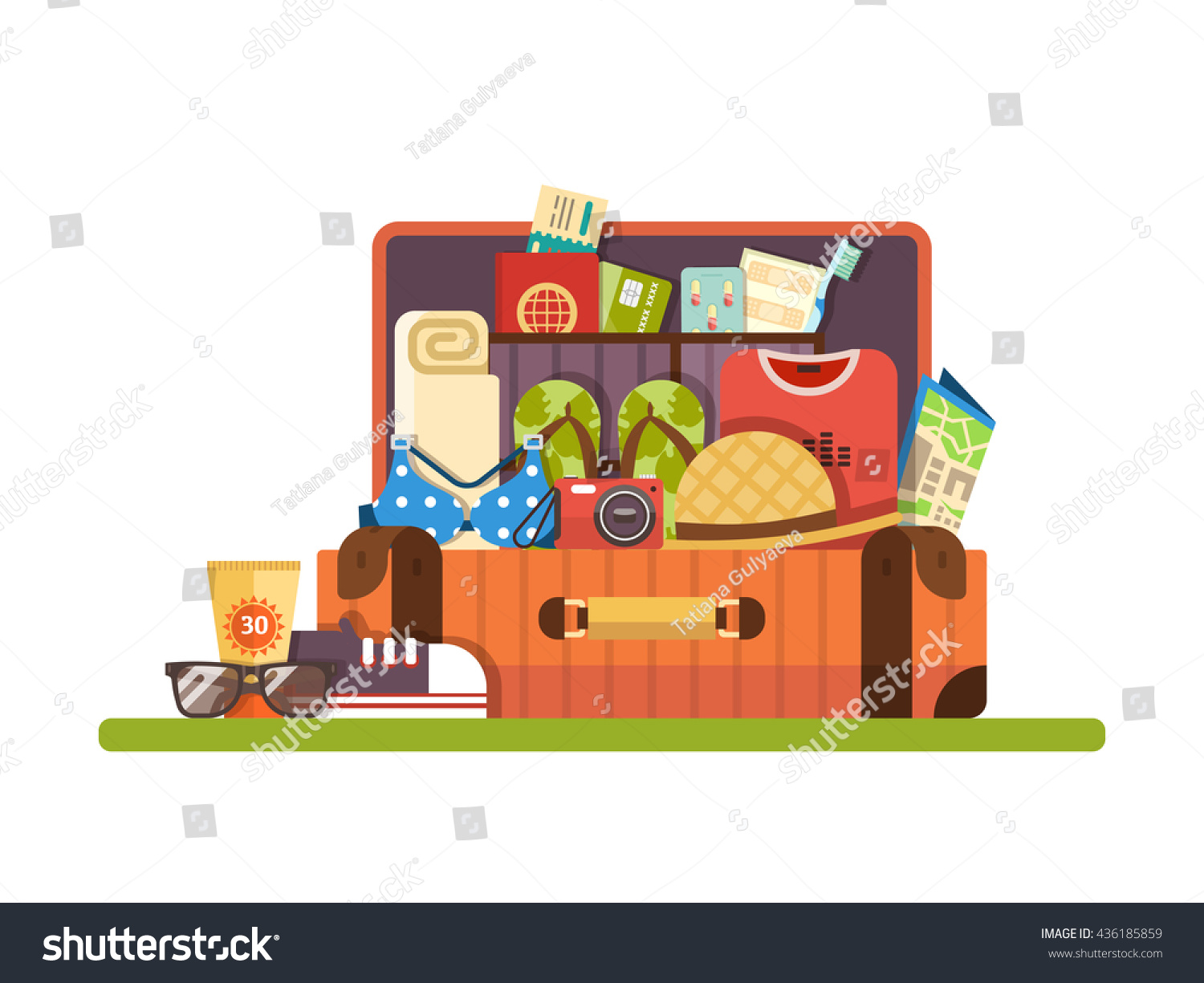 Open suitcase with things for travel or vacation. Set of things for travel. Vector flat design illustration