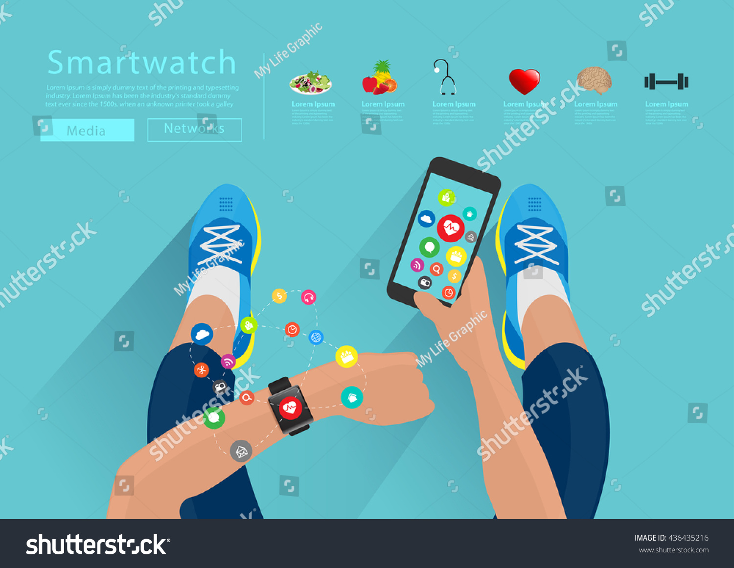 Fitness woman hand with wearing watchband touchscreen smartwatch  holding mobile phone with applications icons flat design ideas concepts living healthy life  Vector illustration layout template