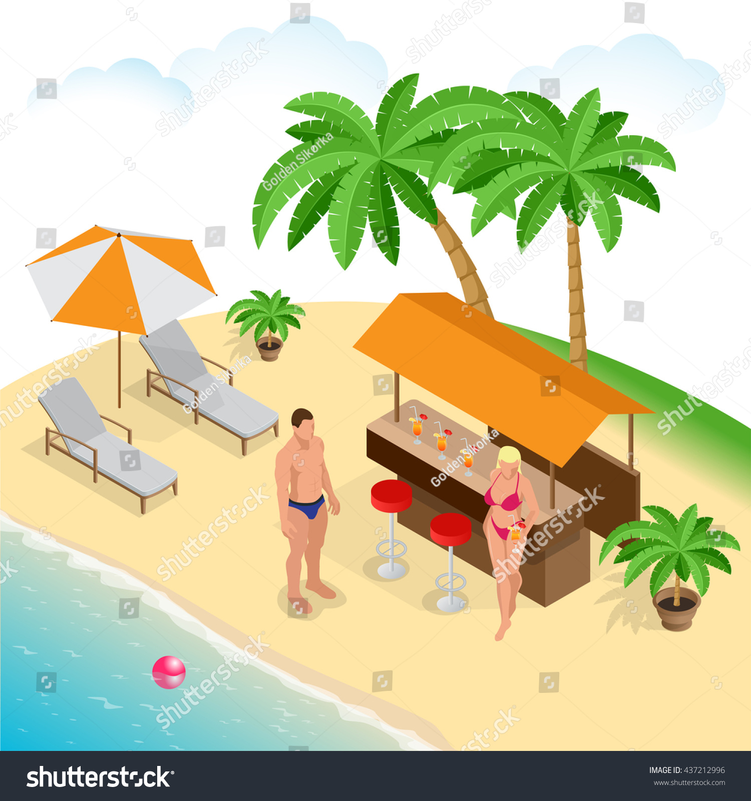 Summer concept of sandy beach. Beach summer couple on beach vacation holiday relax in the sun on their deck chairs under a yellow umbrella. Flat 3d vector isometric illustration.