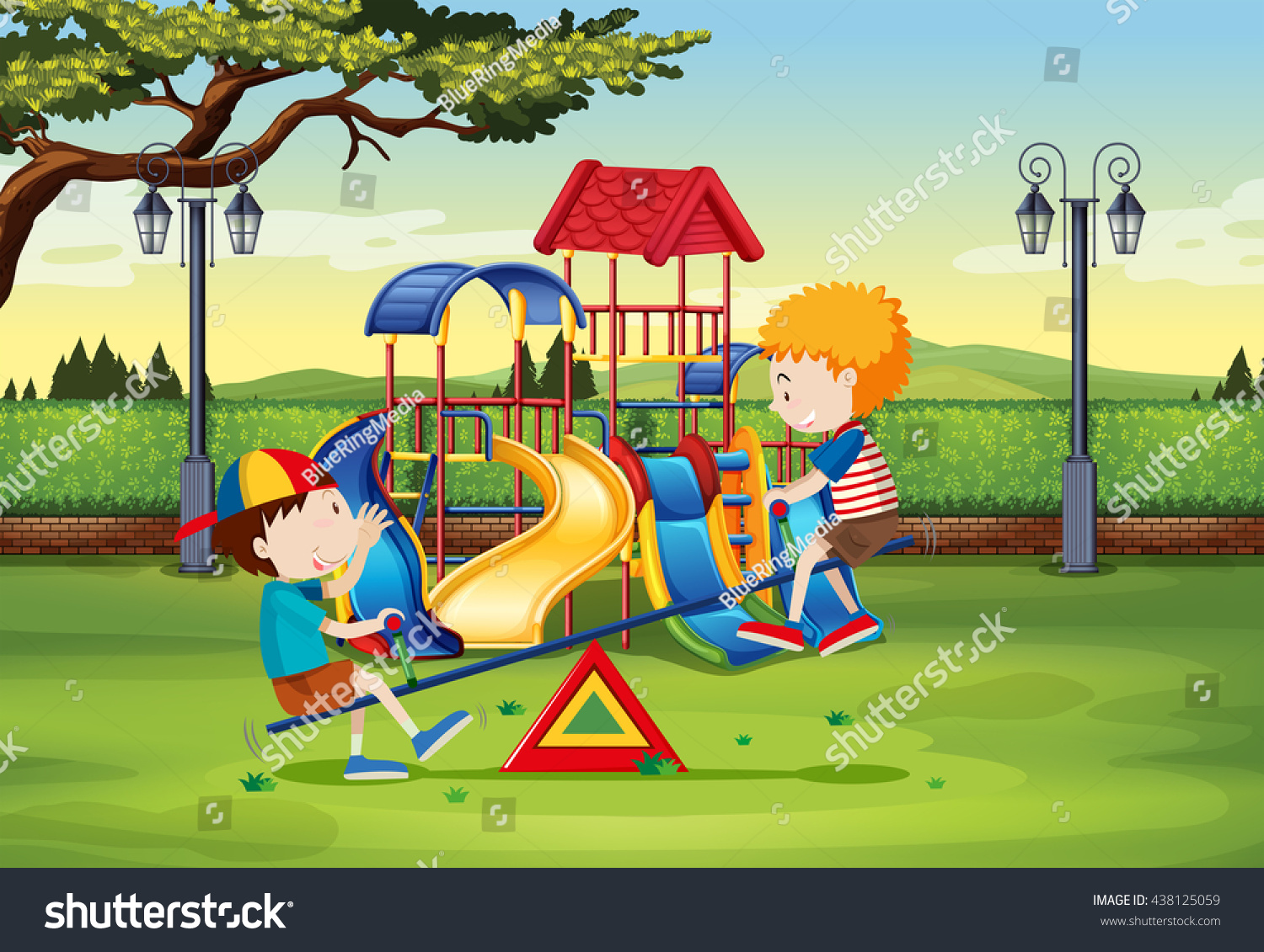 boys playing on seesaw in the park illustration