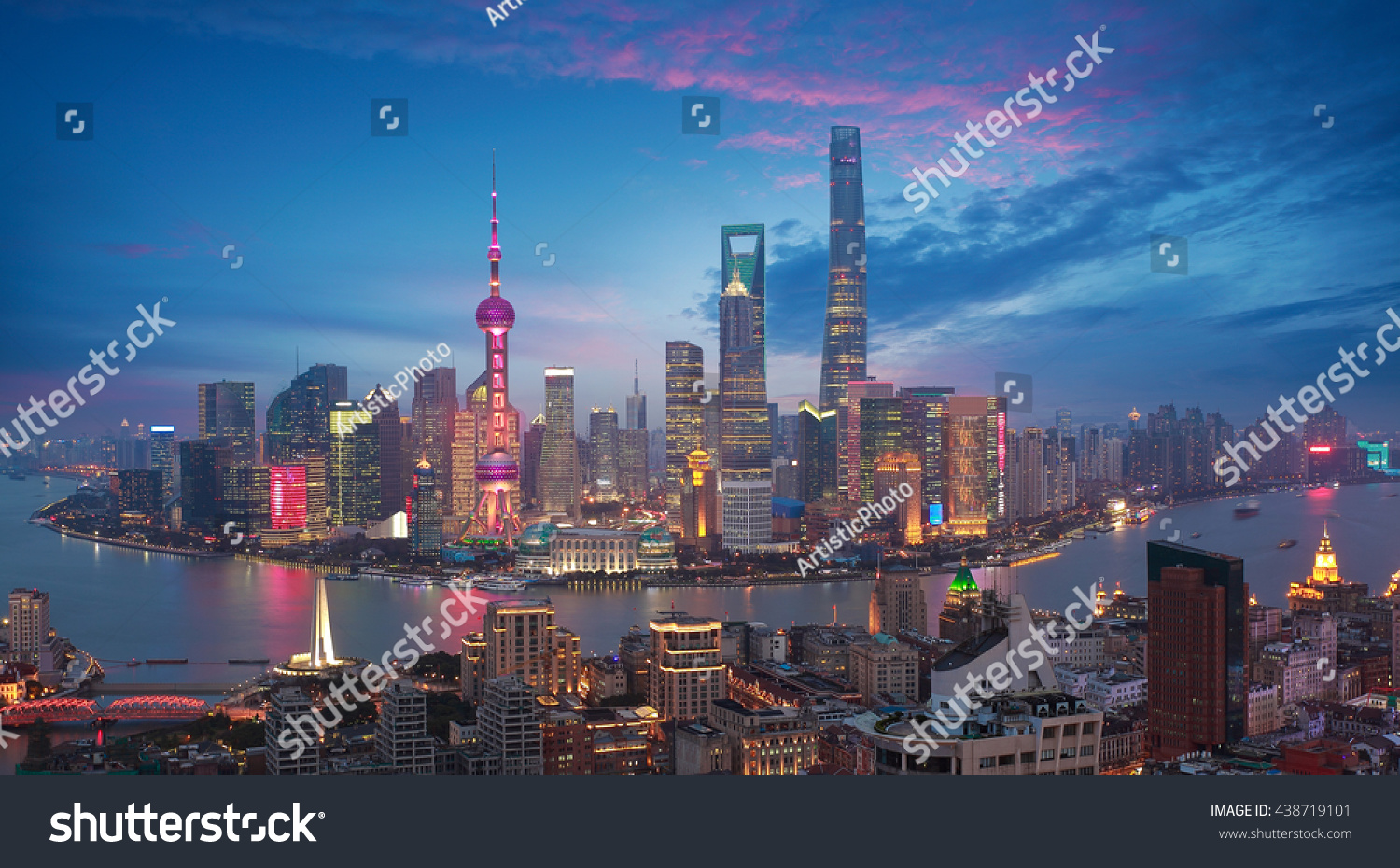 Aerial photography bird view at Shanghai bund Skyline of dusk 
