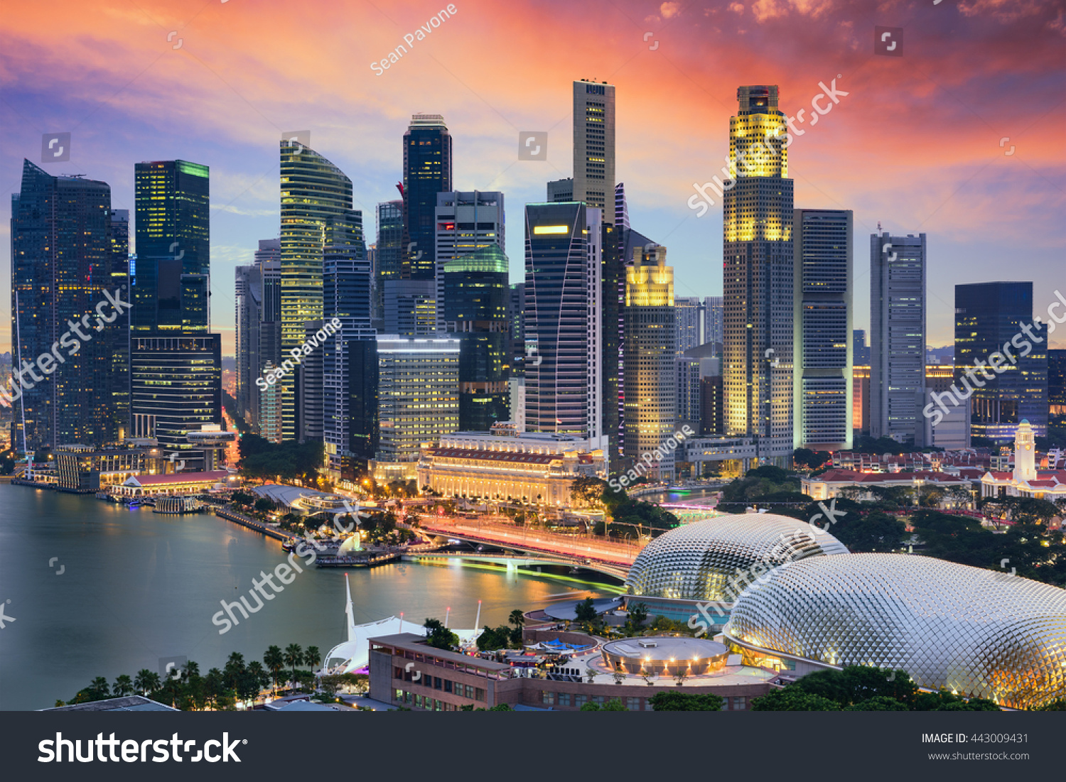 Singapore Financial District skyline at dusk.