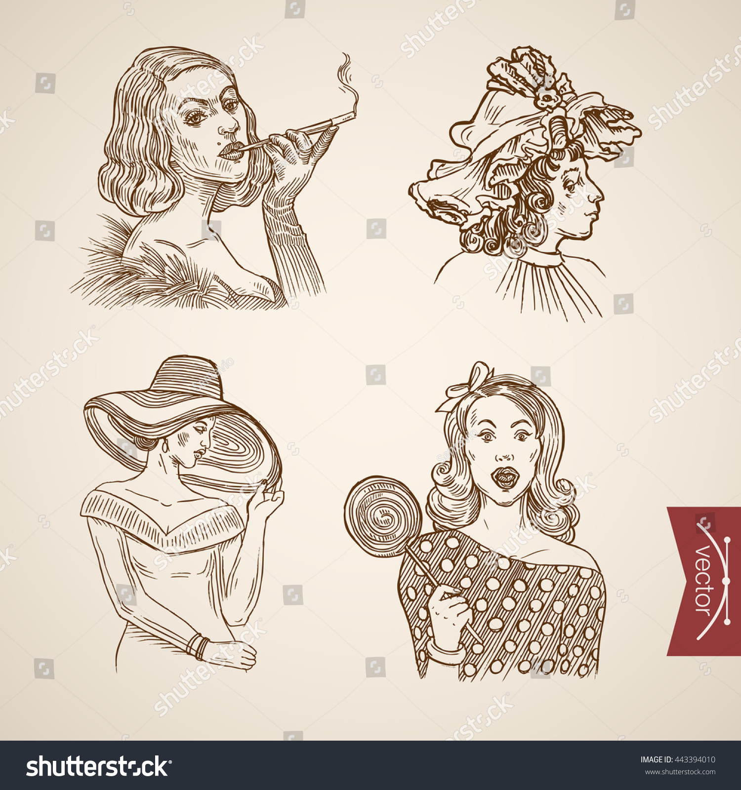 Fashionably dressed pretty girls portrait icon set. Engraving style pen pencil crosshatch hatching paper painting retro vintage vector lineart illustration. Fashion hat headband stylish woman candy.