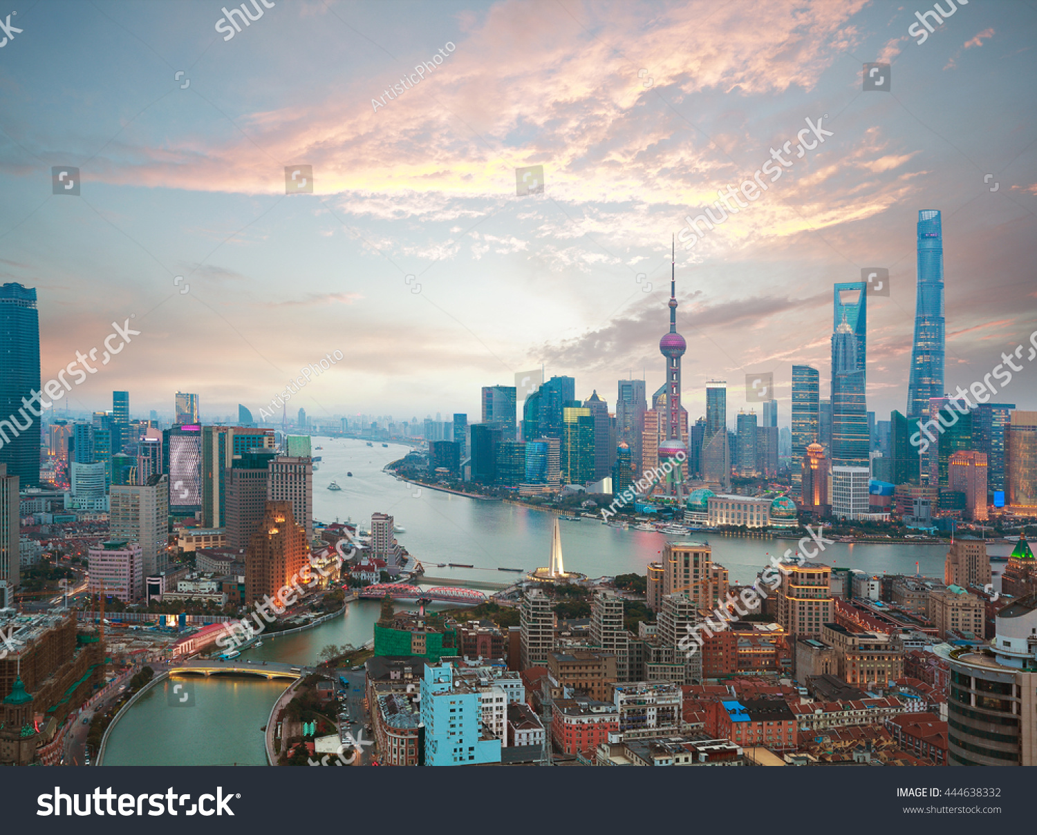 Aerial photography bird view at Shanghai bund Skyline of sunrise