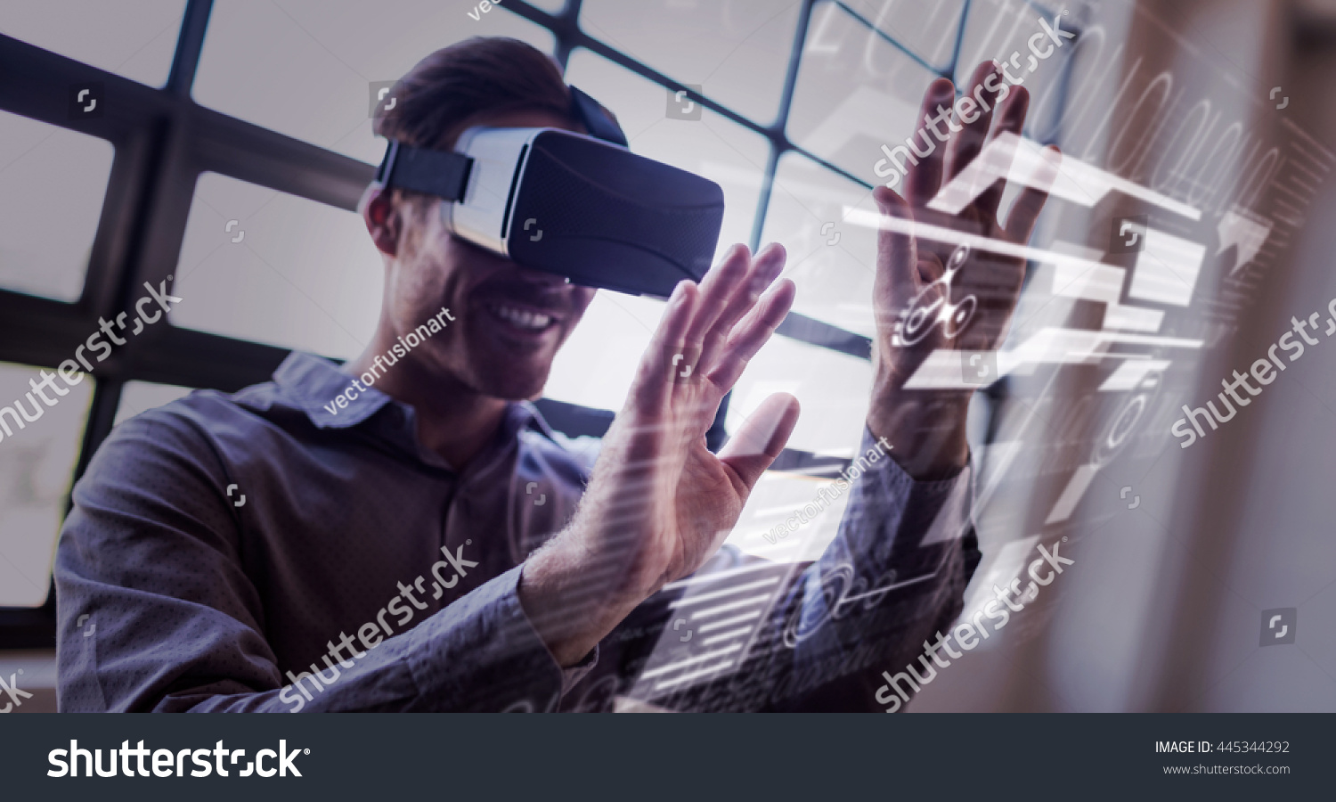 interface against businessman using virtual reality device