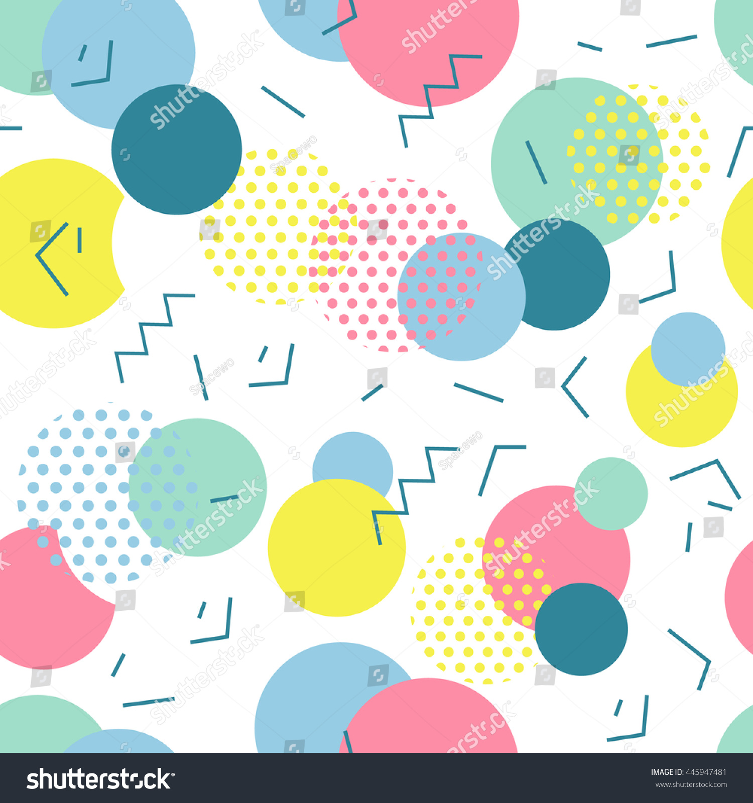Seamless geometric pattern in retro 80s style. Circle  zigzag  dotted  lines memphis  pop art background. Summer blue  yellow  green  pink color.