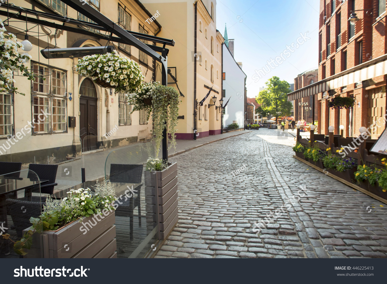 Not opened cafe in the morning in the old European city. Riga. Europe.