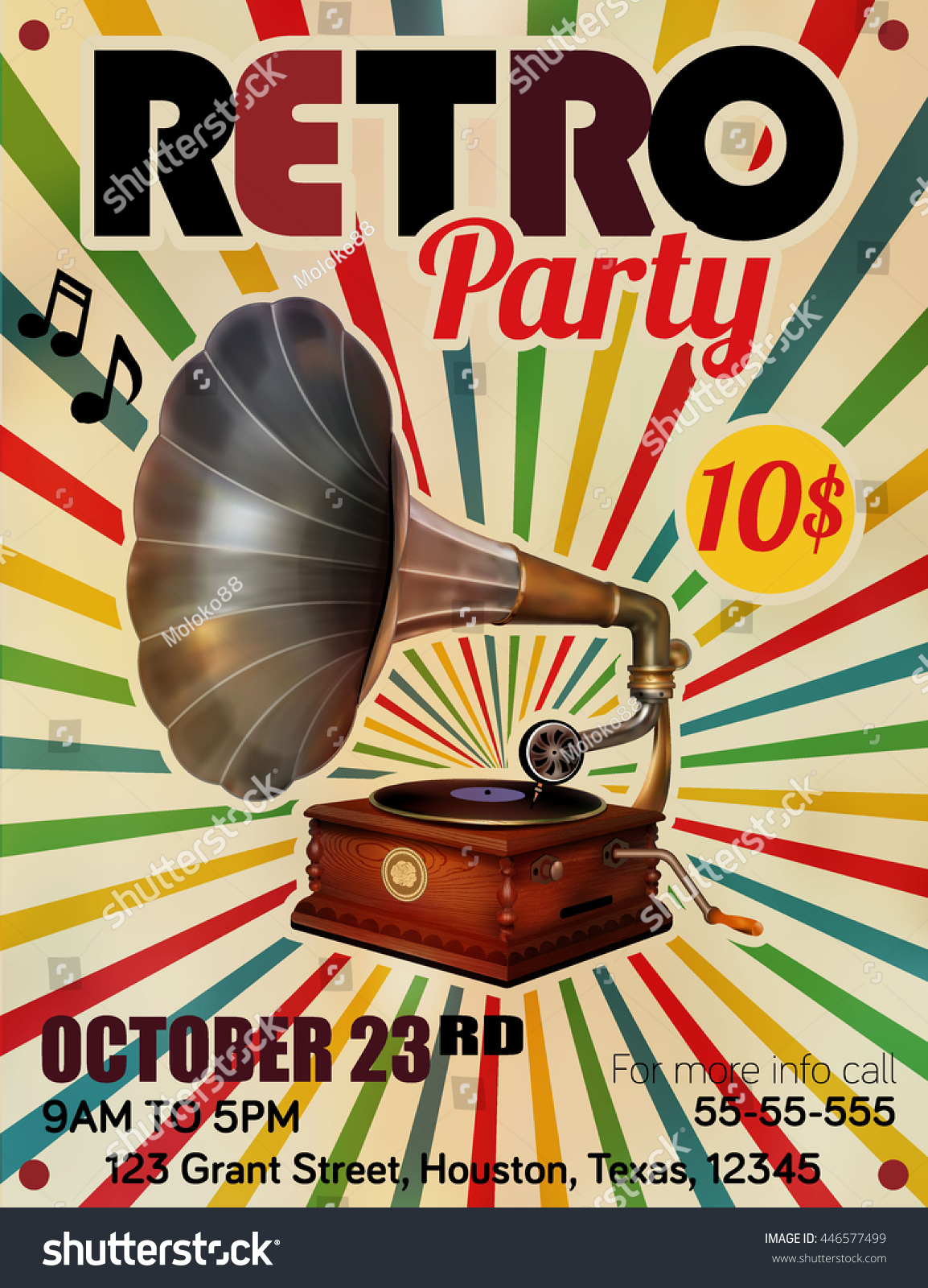 Vector Retro Party poster with Vintage Gramophone illustration