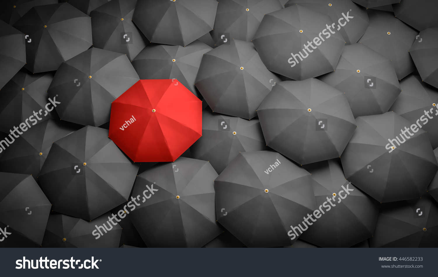 Leadership or distinction concept. Red umbrella and many black umbrellas around. 3D rendered illustration.