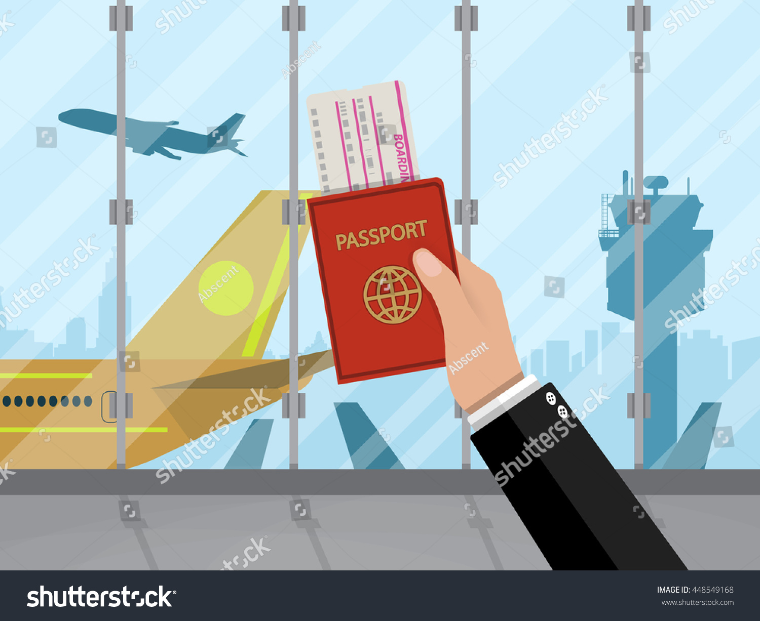 Man with passport and boarding pass waiting flight inside of airport with a plane  control tower  cityscape in background. Travel  vacation  Business trip concept. Vector illustration in flat design.