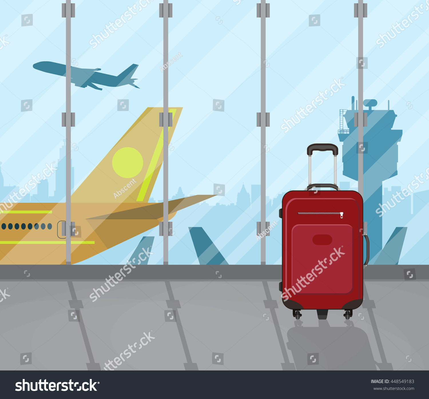 Travel suitcases inside of airport with a plane  control tower  cityscape in background. Travel  vacation  Business trip concept. Vector illustration in flat design.