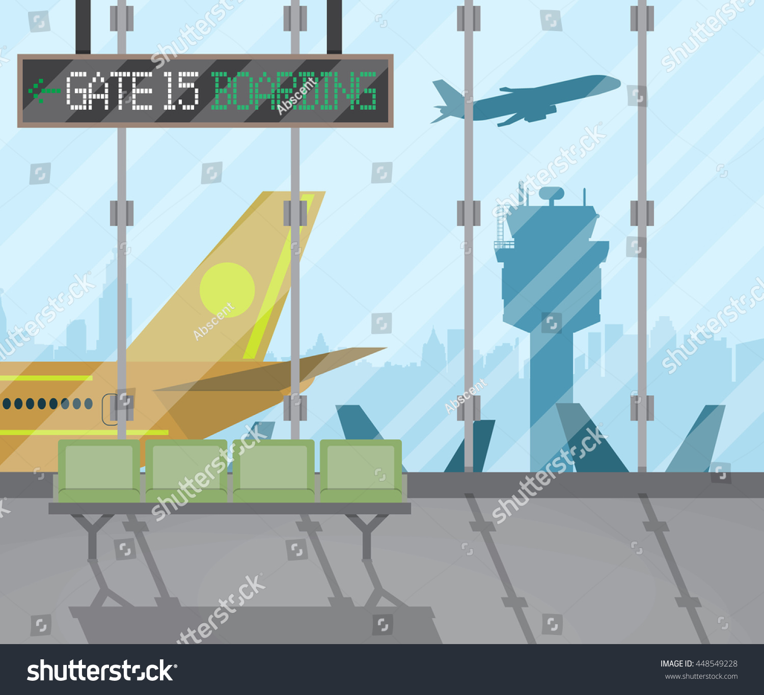 airport terminal with seats  plane  control tower  cityscape in background. Travel  vacation  Business trip concept. Vector illustration in flat design.
