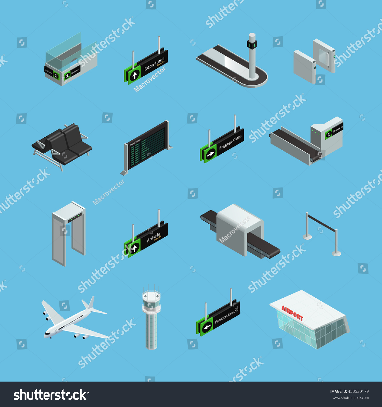 International airport terminals signs services and facilities isometric icons set on sky blue background isolated vector illustration 