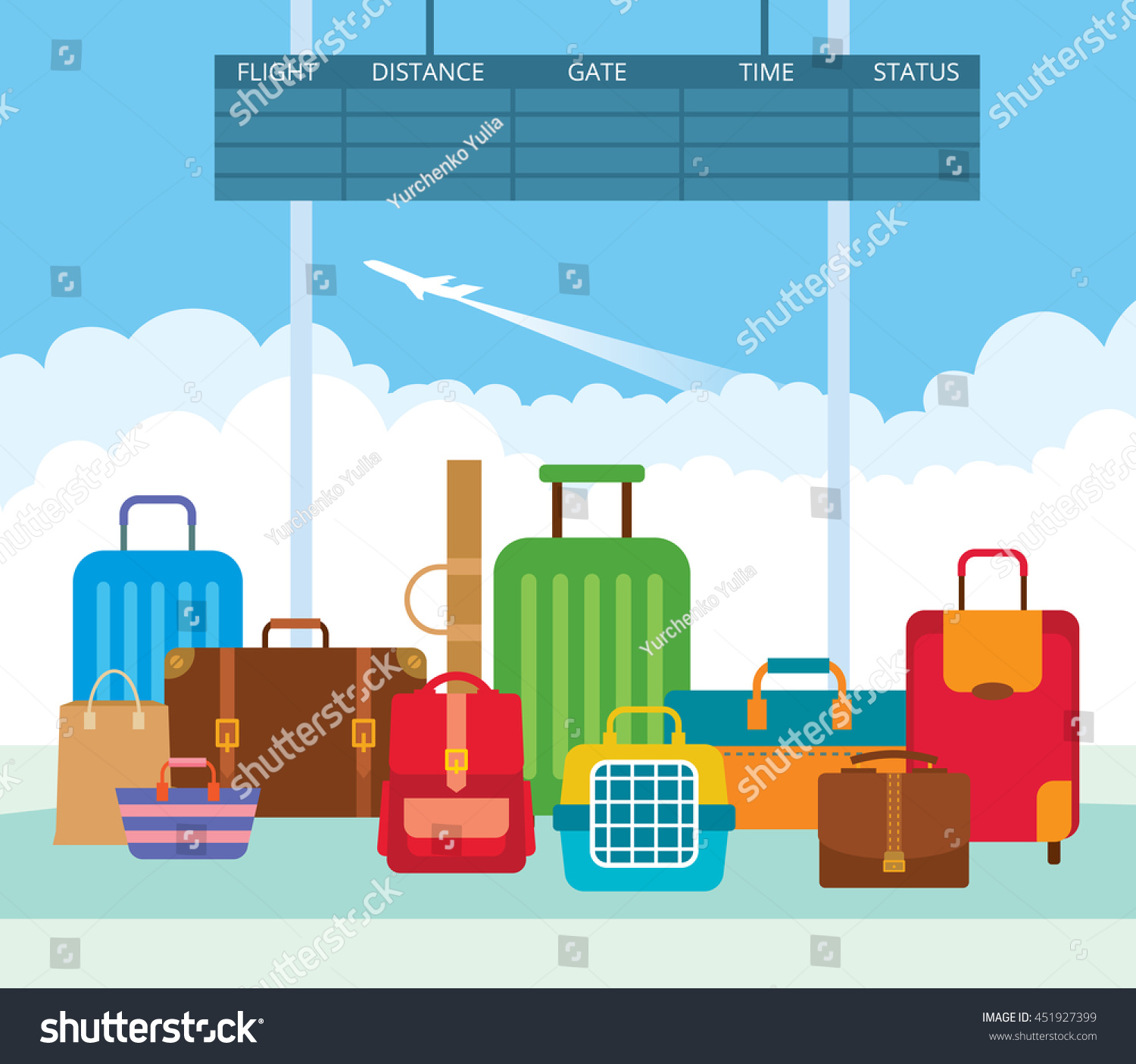Vector illustration of a big pile diverse luggage in the departure lounge of the airport. Suitcases  bags  carrying animal backpack.