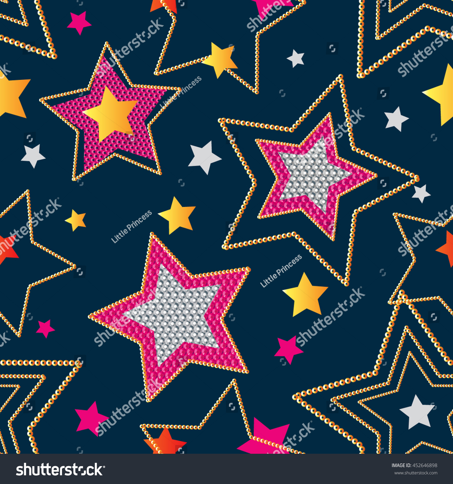 Abstract seamless pattern for girls. Creative original modern childish backdrop with stars and sequins. Bright yellow  pink and gold  silver star on dark background. Girlish fashion chaotic wallpaper.