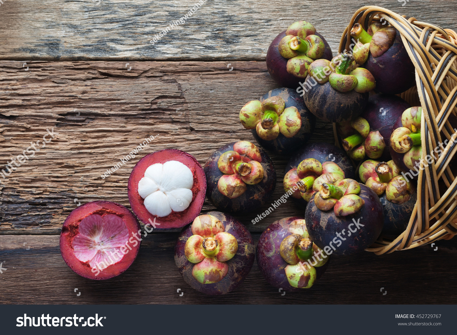 Mangosteen fruit on wood table with top view
