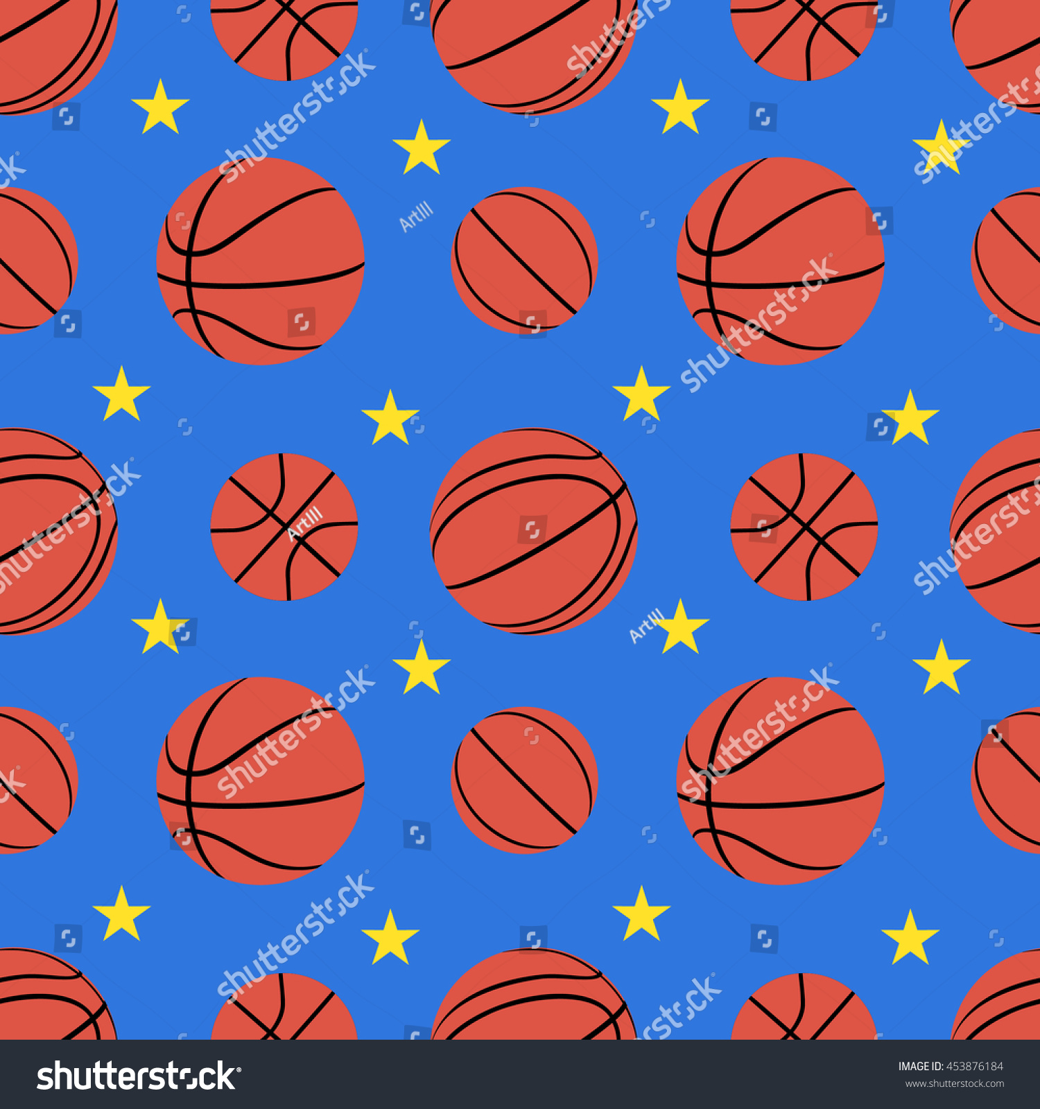 Basketballs balls seamless pattern with stars on blue background. Vector illustration.