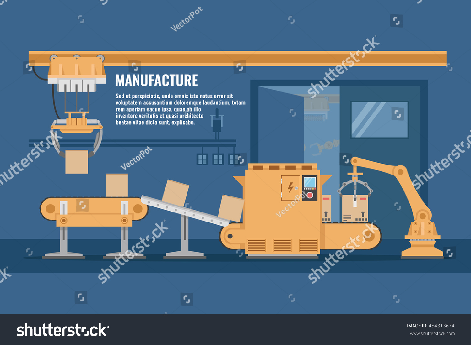 Automated assembly line design with conveyor system of yellow color in blue workshop vector illustration 