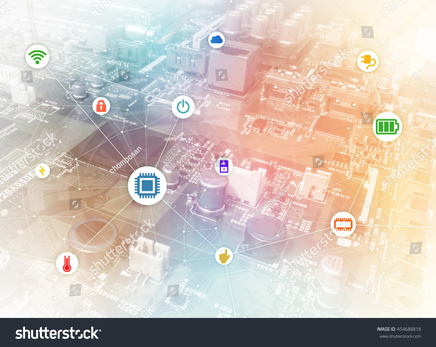 wired icons of various electric component or function and background of