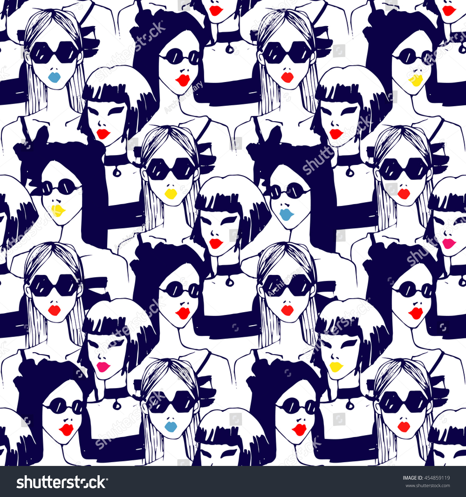 Fashion girl  seamless pattern. Model Women  sunglasses  yellow  red lipstick background. Hand drawn vector illustration. Glamour texture