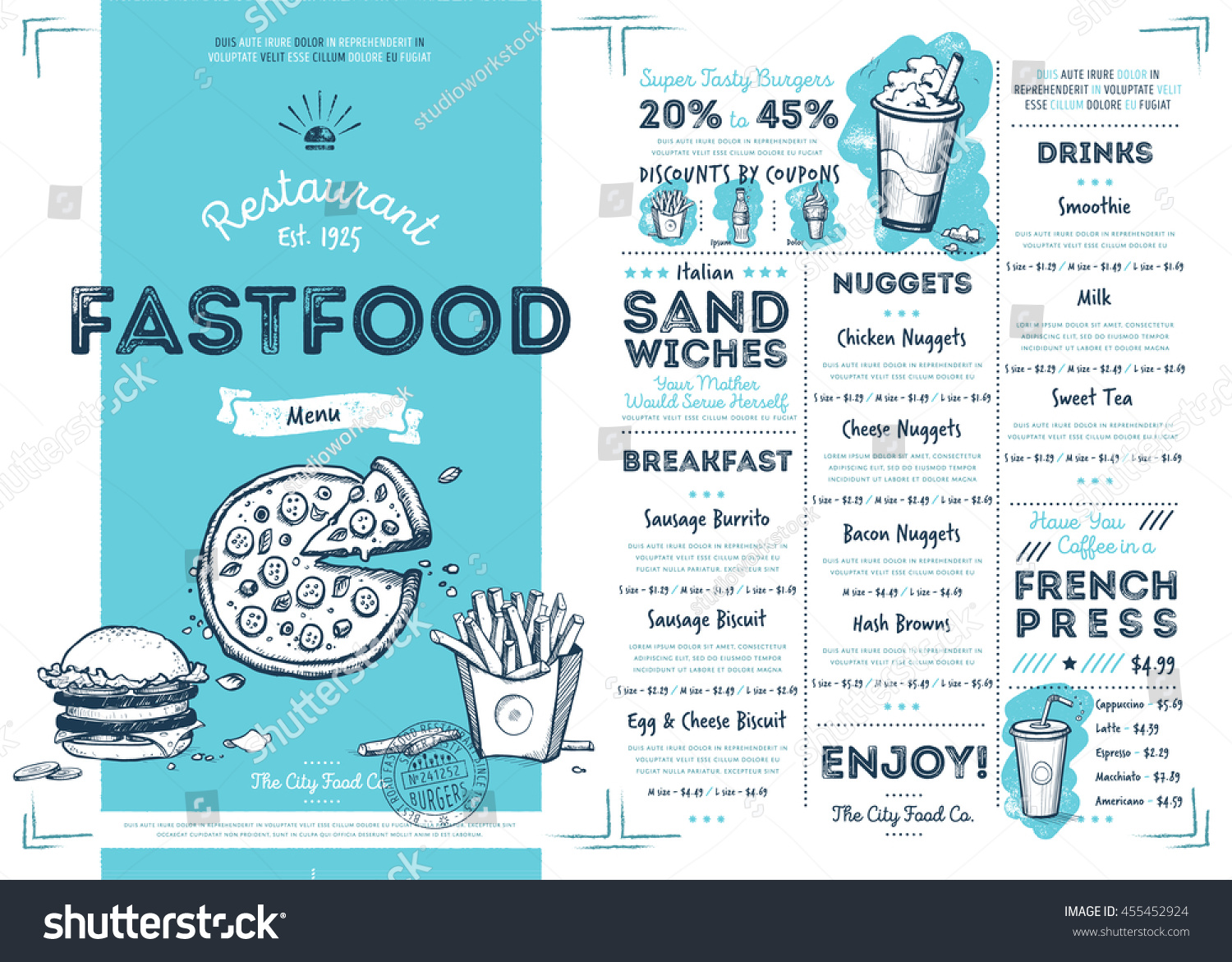 Fast food menu design and fast food hand drawn vector illustration. Restaurant or cafe  menu template with burger sketch. Fast food menu cover layout with breakfast  drinks  sweet and other menu items