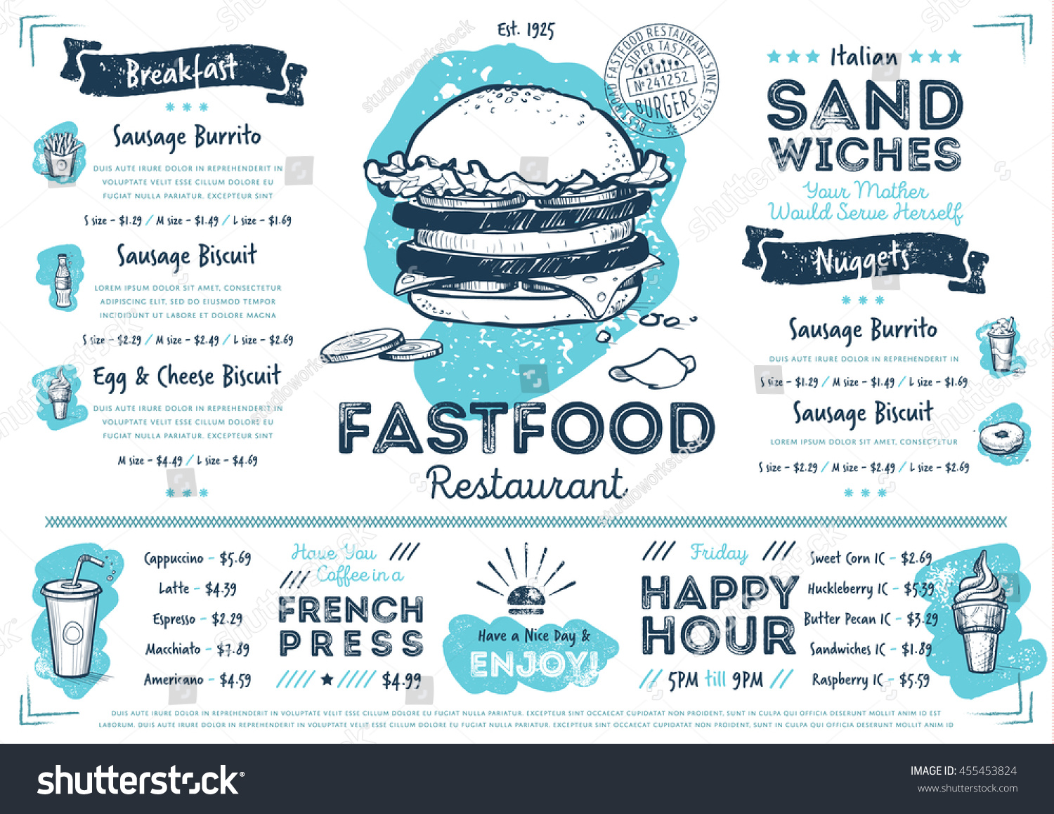 Fast food menu design and fast food hand drawn vector illustration. Restaurant or cafe  menu template with burger sketch. Fast food menu cover layout with breakfast  drinks  sweet and other menu items