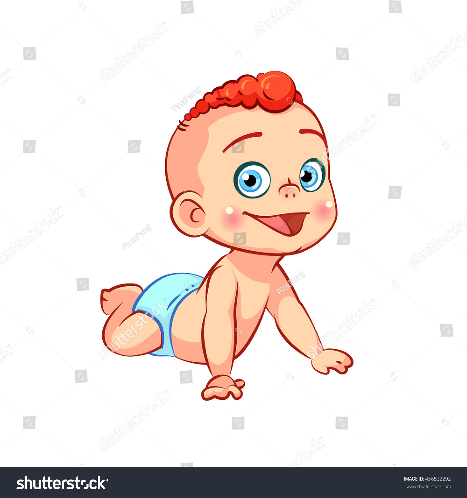 Cute happy crawling little baby boy. Funny lying and laughing cartoon toddler character. Children's emotions. Child development  first year. Colorful vector illustration  isolated on white background.