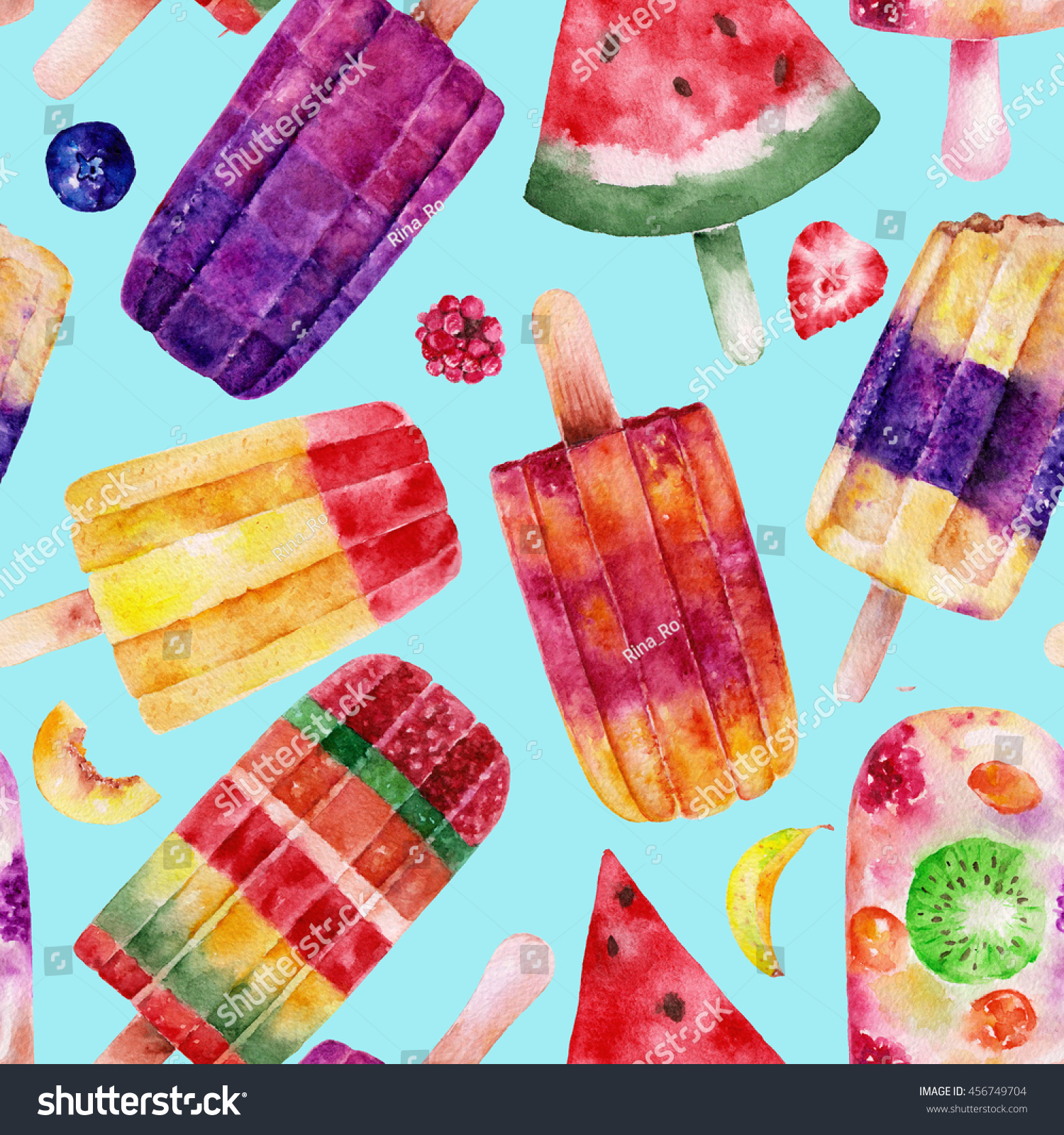 Seamless pattern with ice cream. Watercolor illustration.
