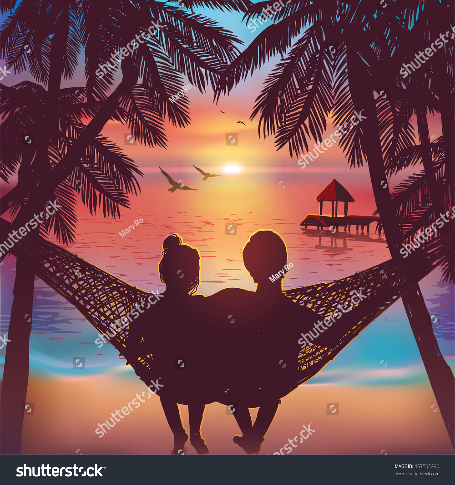 Couple in love at the beach on hammock. Inspiration for wedding  date  romantic travel card. Family