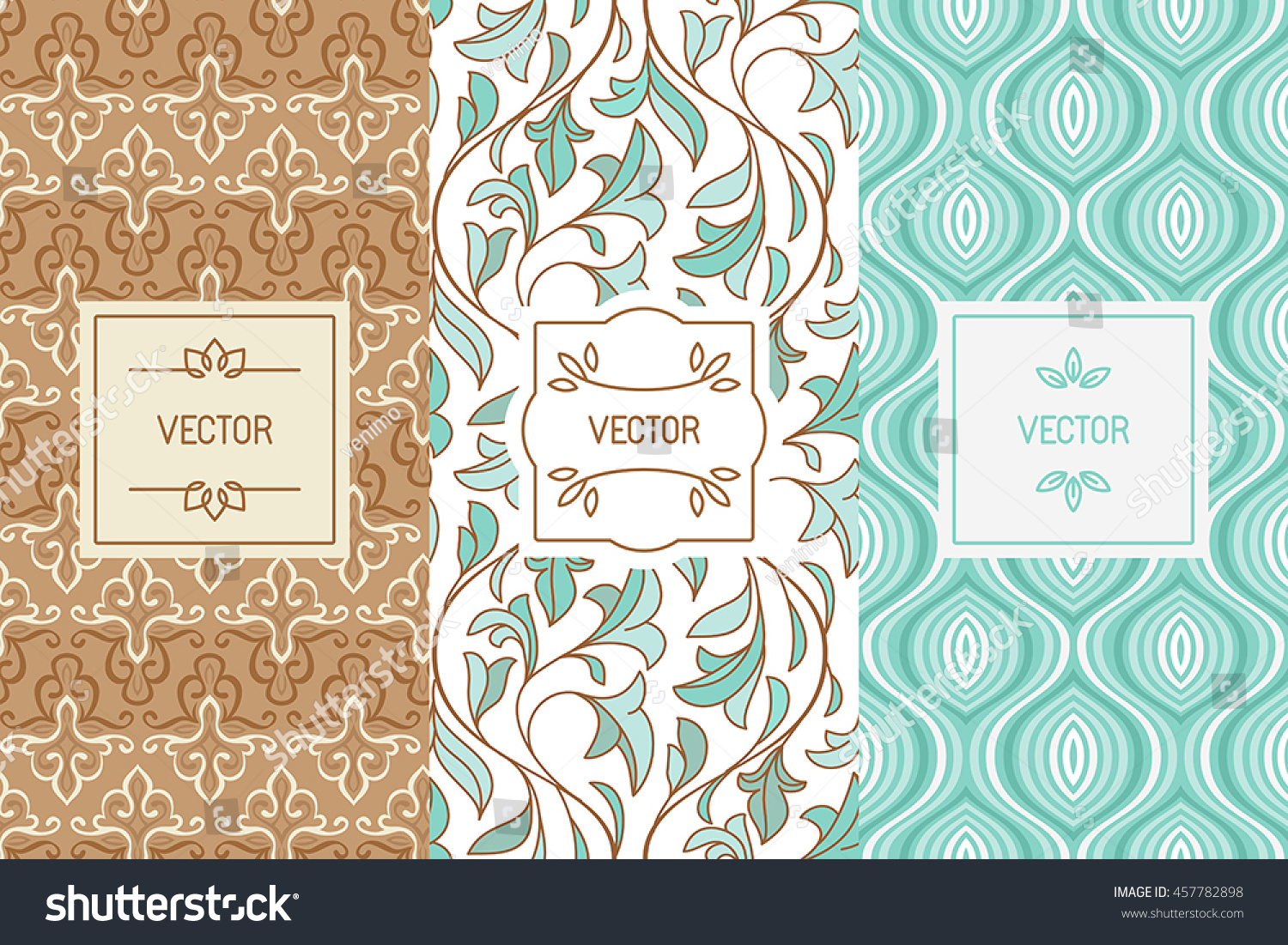 Vector set of design elements  seamless patterns and label templates for cosmetic and beauty product packaging or business card backgrounds  in trendy minimal linear style with floral ornaments 