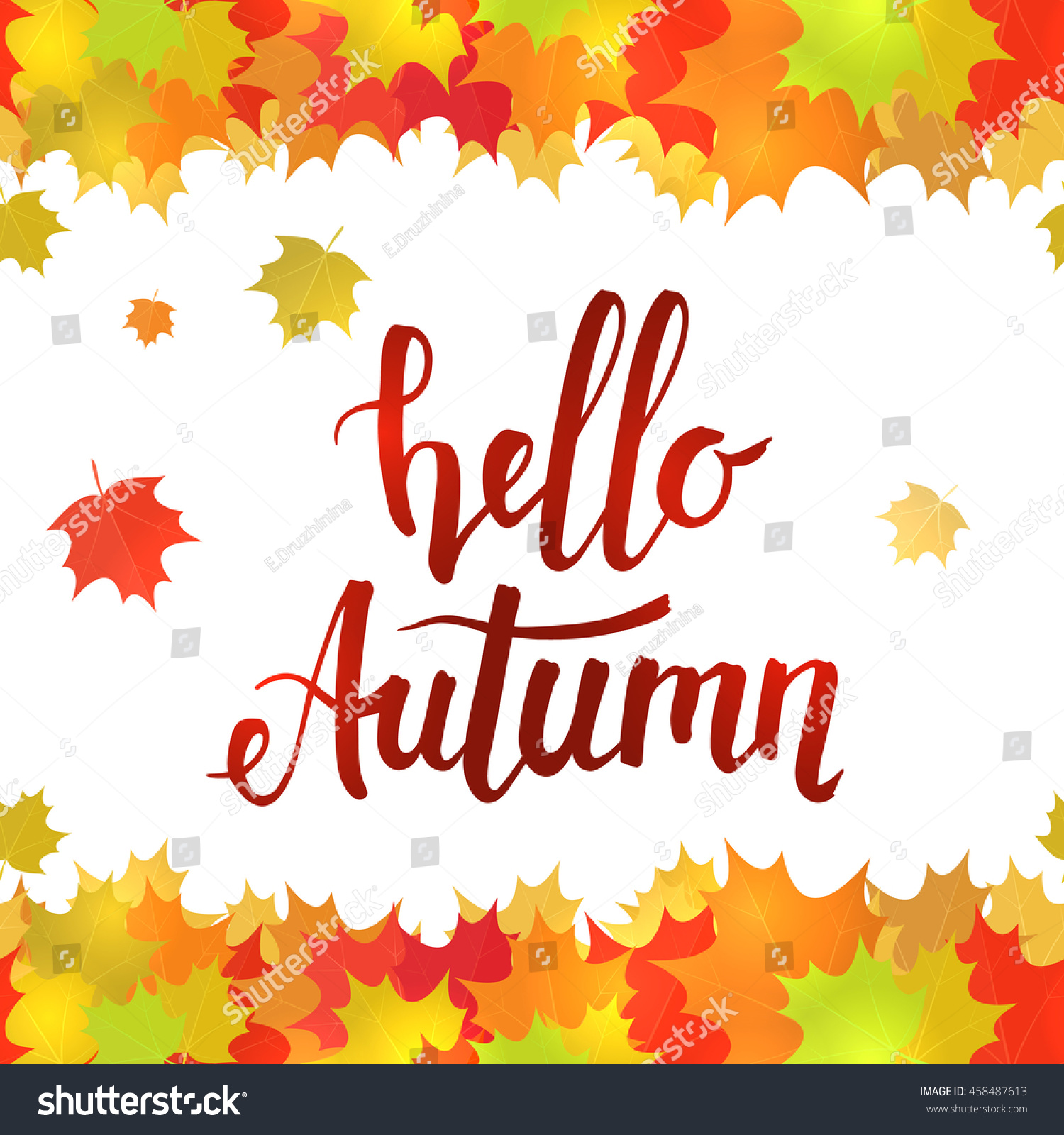 Horizontal seamless border of colorful yellow leaves on a white background. Handwritten lettering  Hello autumn. Vector stock illustration.